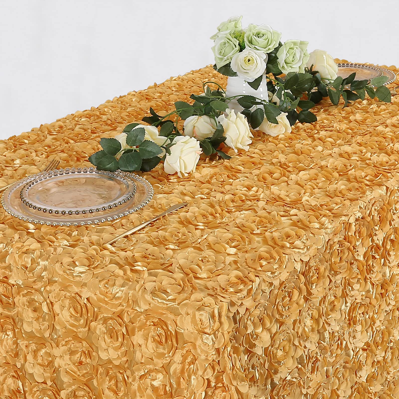 Fanqisi Gold Rosettes Tablecloth 50X80 Inches Gold Satin Table Cover For Party Wedding Baby Shower Event Table Decoration