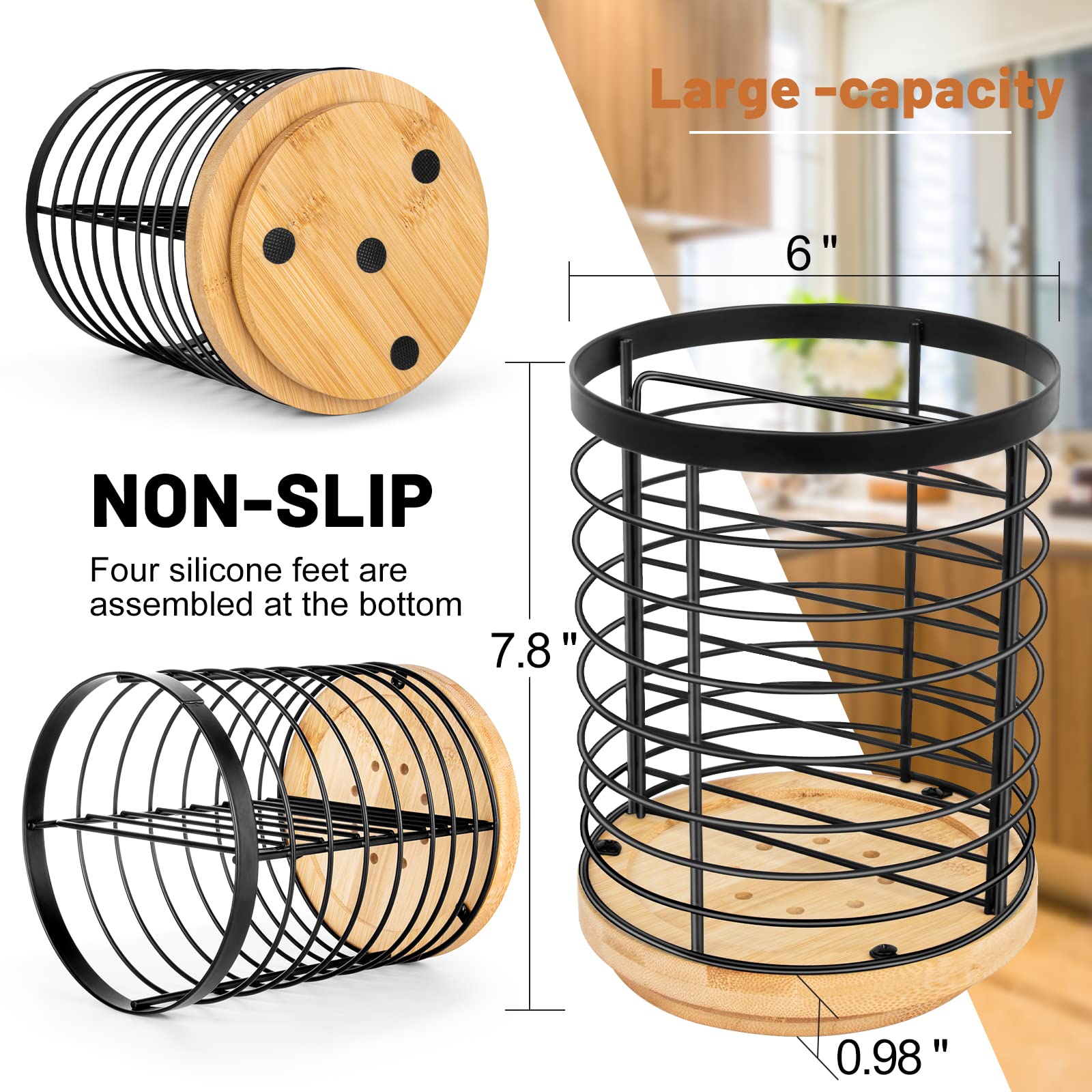 Toosci Utensil Holder For Kitchen Counter, Large Cooking Utensil Holder, Black Metal+Bamboo Base Utensil Holder, Breathable And