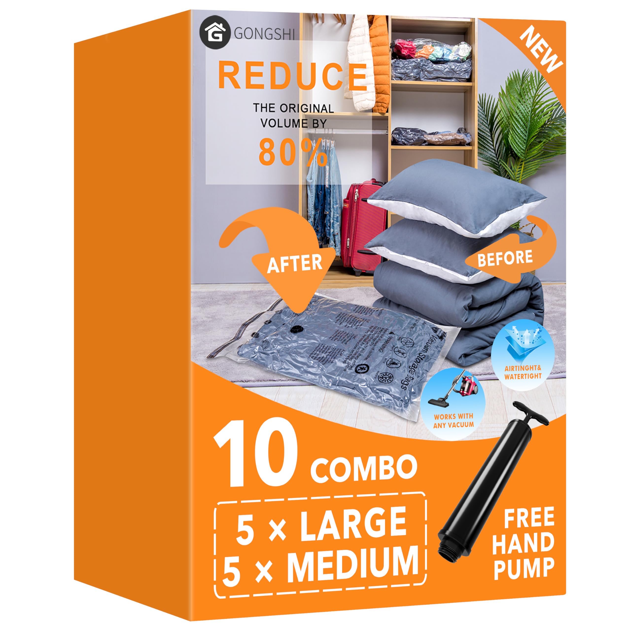 Vacuum Storage Bags (5 x Large  5 x Medium)  Space Saver Sealer Compression Bags with Travel Hand Pump for Blankets  Comforters  Pillows  Clothes Storage