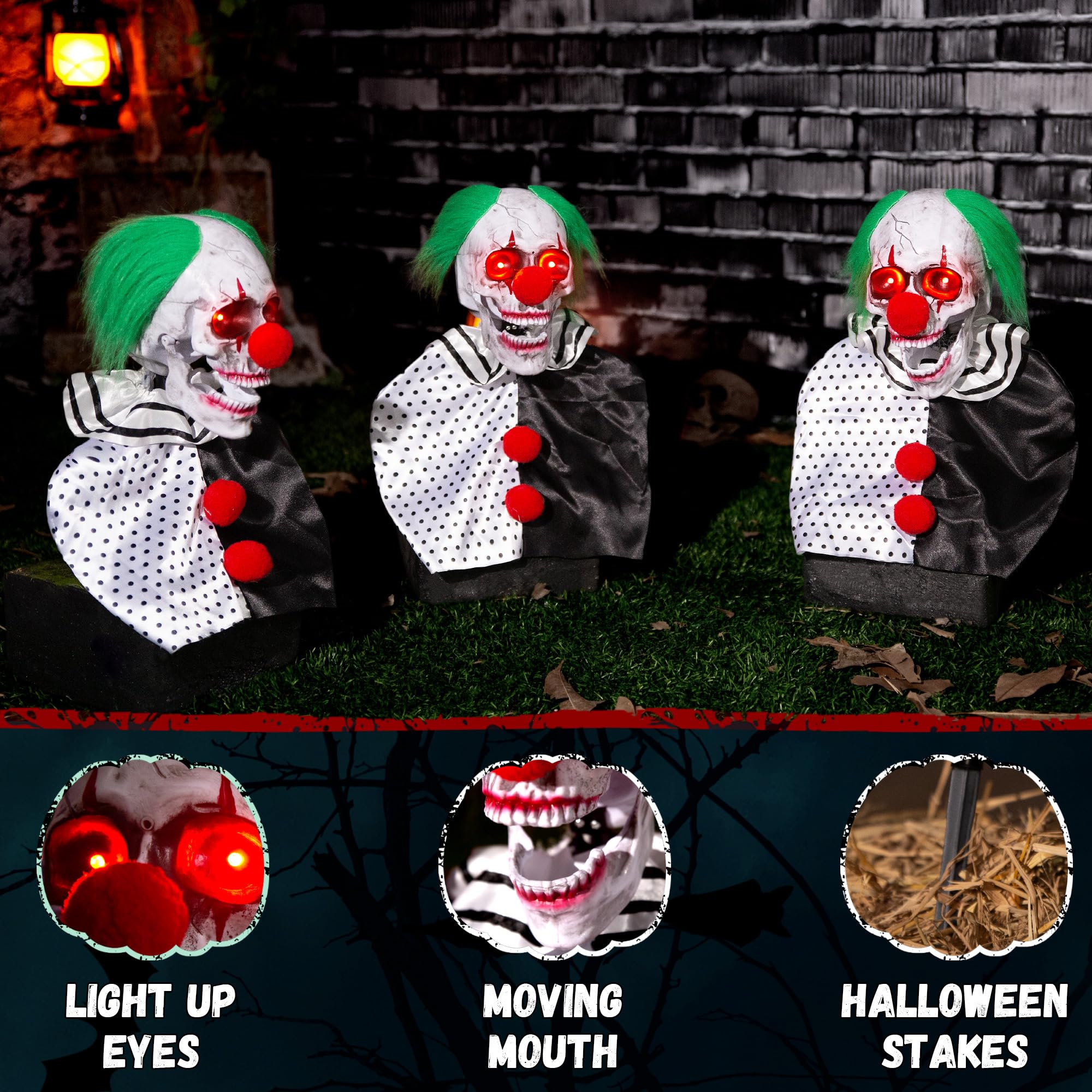 Halloween Animatronics Clown Pathway Markers Decorations, Hanging Animated, Floating Scary Skull with Stakes, Sound Activated, T