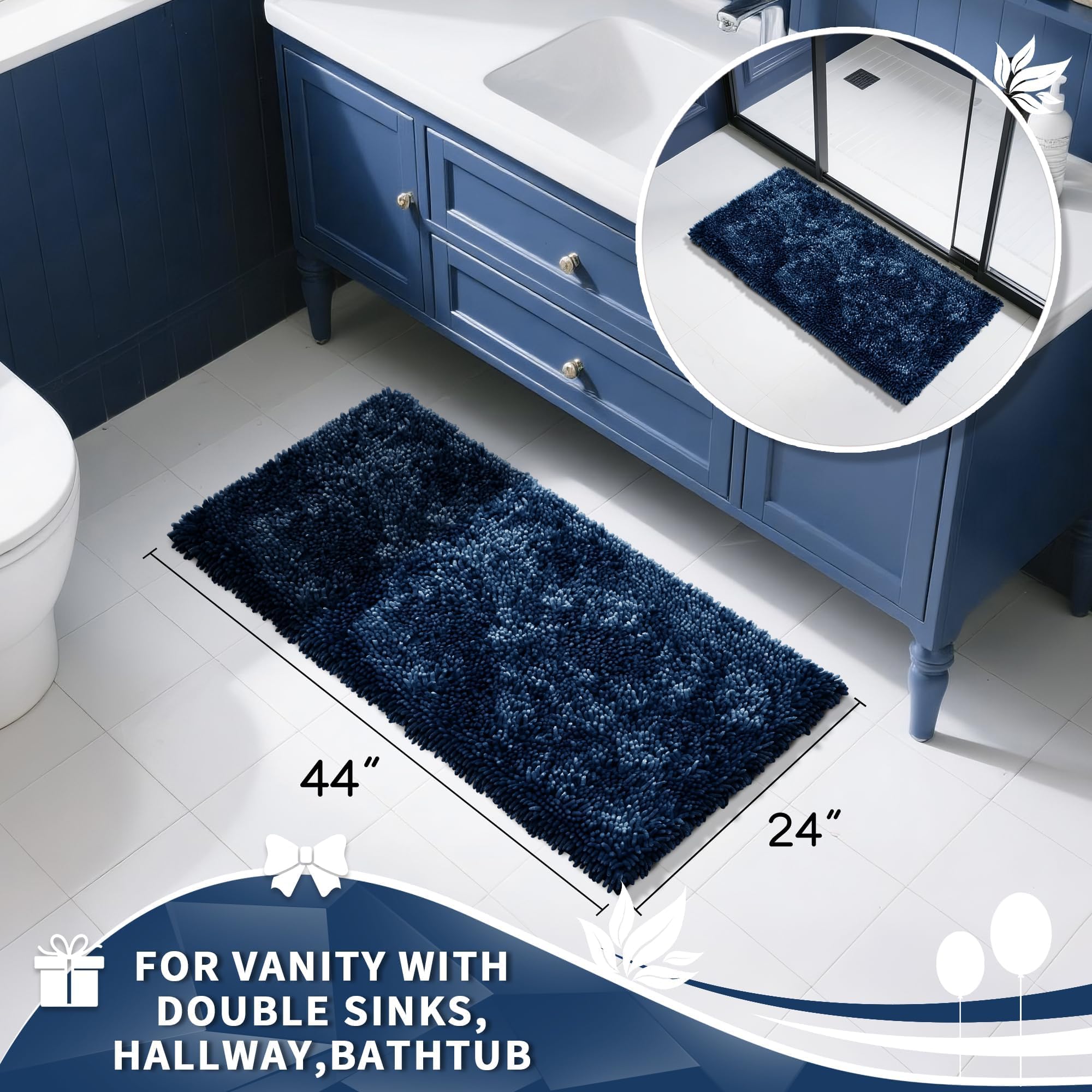Yimobra Original Chenille Bath Rug Mat  Large Size 44.1 x 24 Inch  Soft Shaggy  Non-Slip Bath Mat  Super Absorbent  Machine Washable and Dry  Bathroom Carpets for Nursery  Bed Living Room  Light Blue