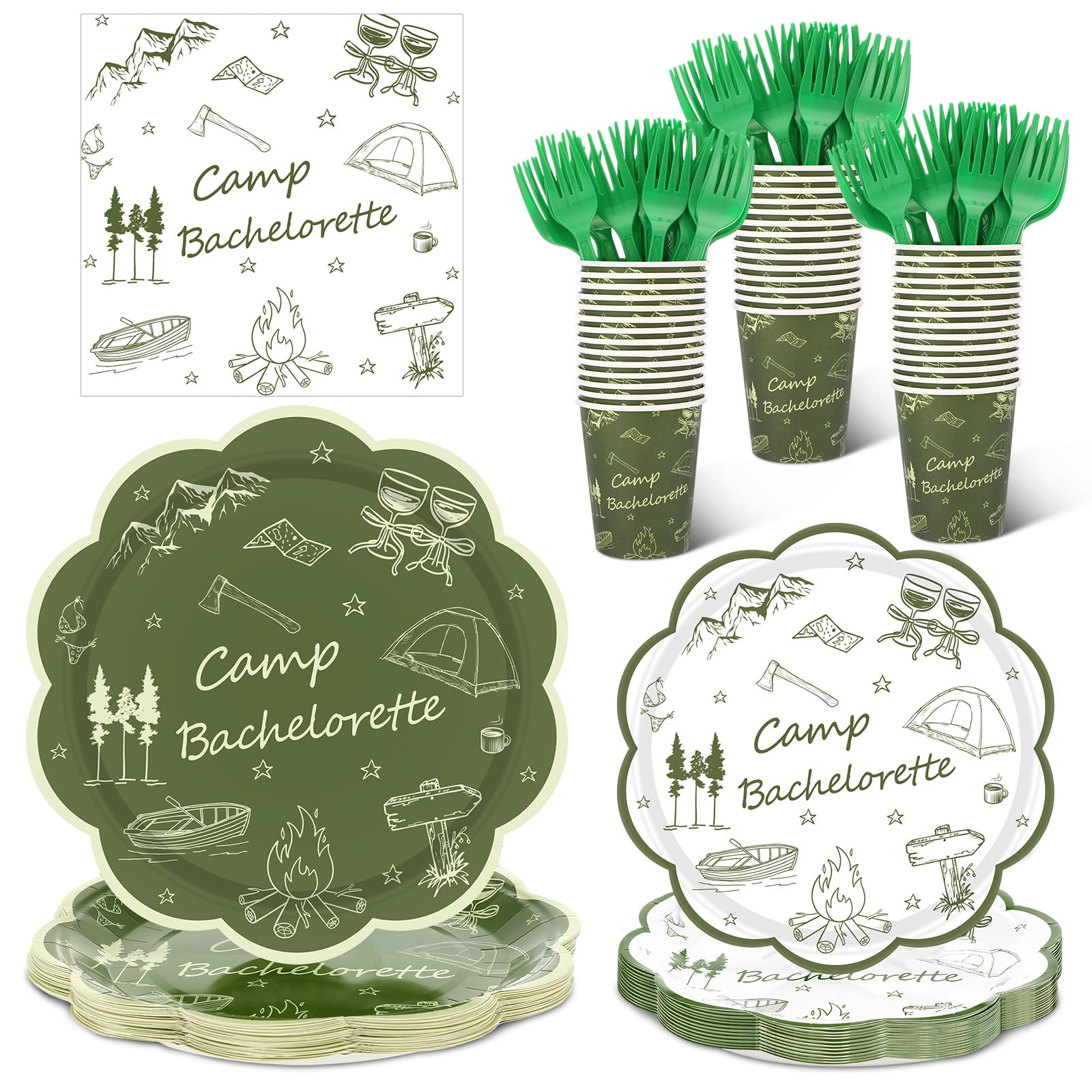 Zubebe 120 Pieces Camp Bachelorette Party Supplies Favors for 24 Guests, Paper Plates (7 and 9 Inch), Cups, Forks, Paper Napkins