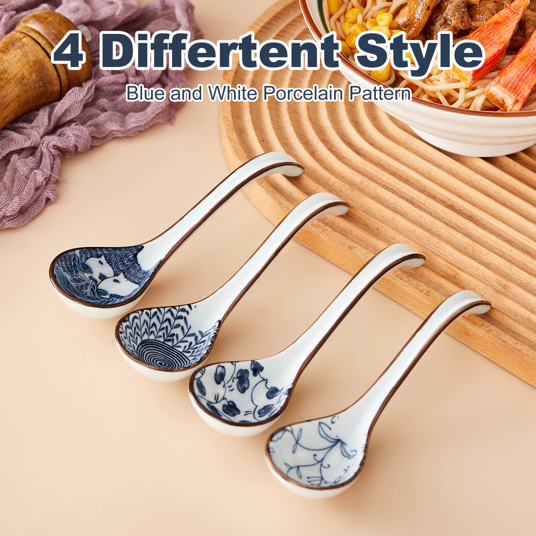 Hoilse Ceramic Soup Spoons, Asian Soup Spoon Japanese Ramen Spoons,Long Handle Perfect Depth Spoon Set For Soup Dumpling, Pho, N