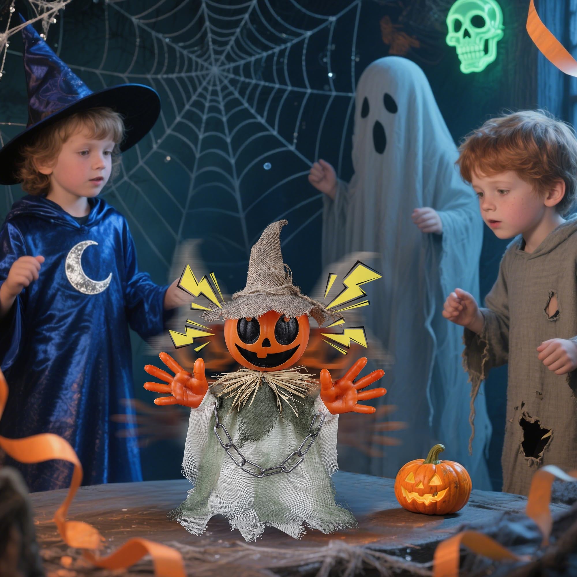Prsildan Animatronic Halloween Decorations - 16 Walking Pumpkin Ghost with Sound & Touch Sensor