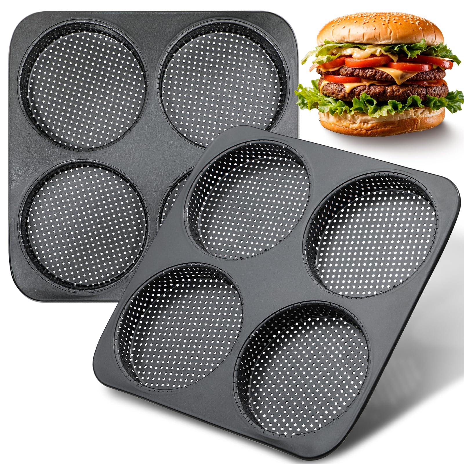 Webake 5 Large Hamburger Bun Pan, Nonstick Bun Pans for Baking, Heavy Gauge Carbon Steel, Homemade Burger Set of 2