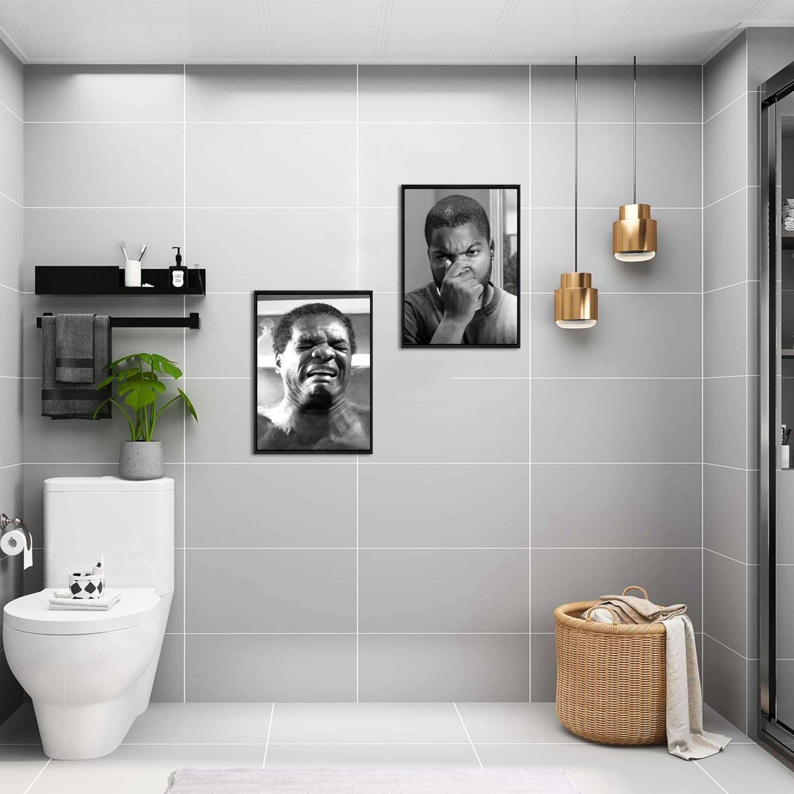 Funny Bathroom Canvas Wall Art Set Of 2 - Black Floating Frame Black And White Vintage Comedy Movies Posters, Funny Toilet Humou