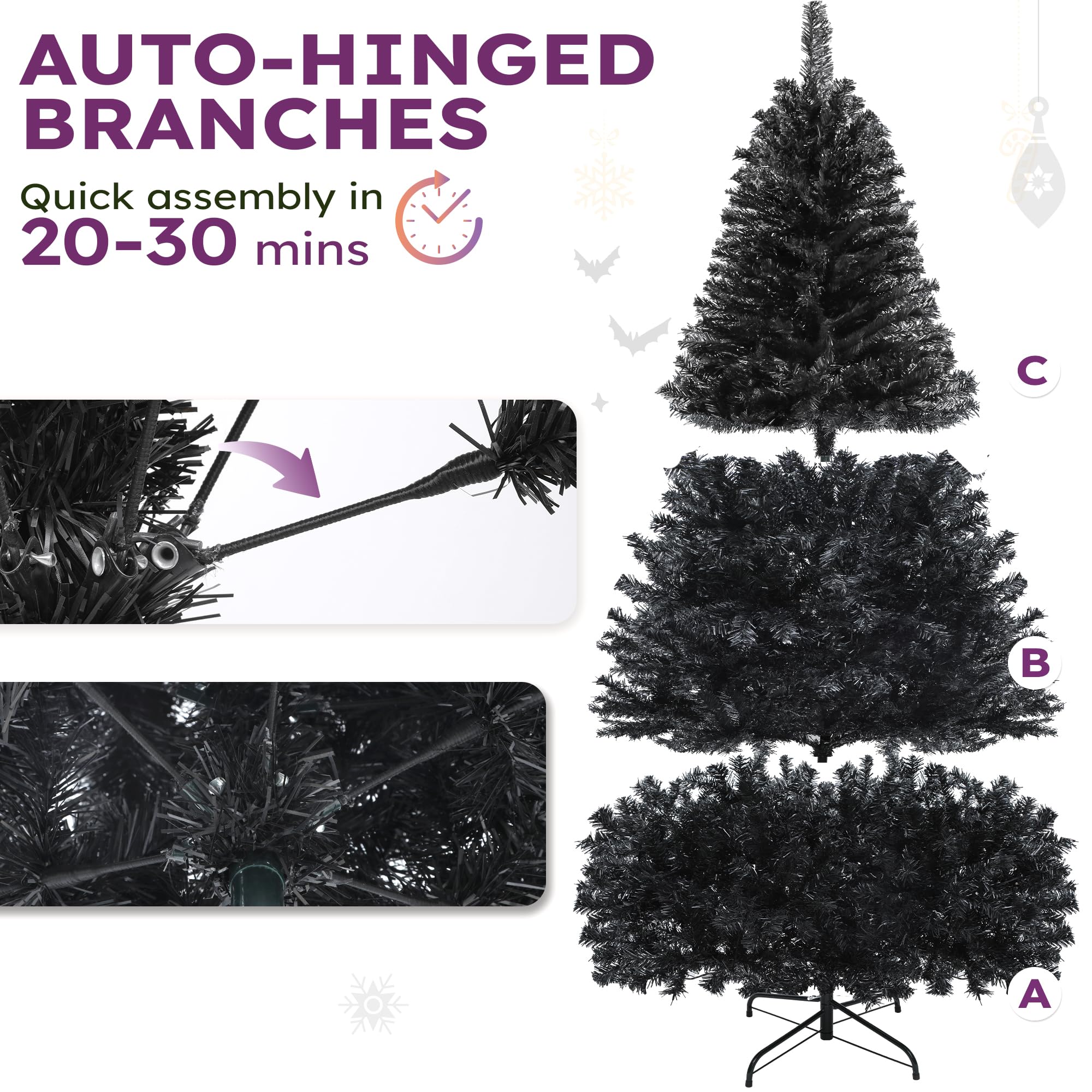 YITAHOME 6ft Prelit Black Artificial Christmas Tree with Remote Control, Hinged Christmas Tree Pine Tree for Home, Office, Party