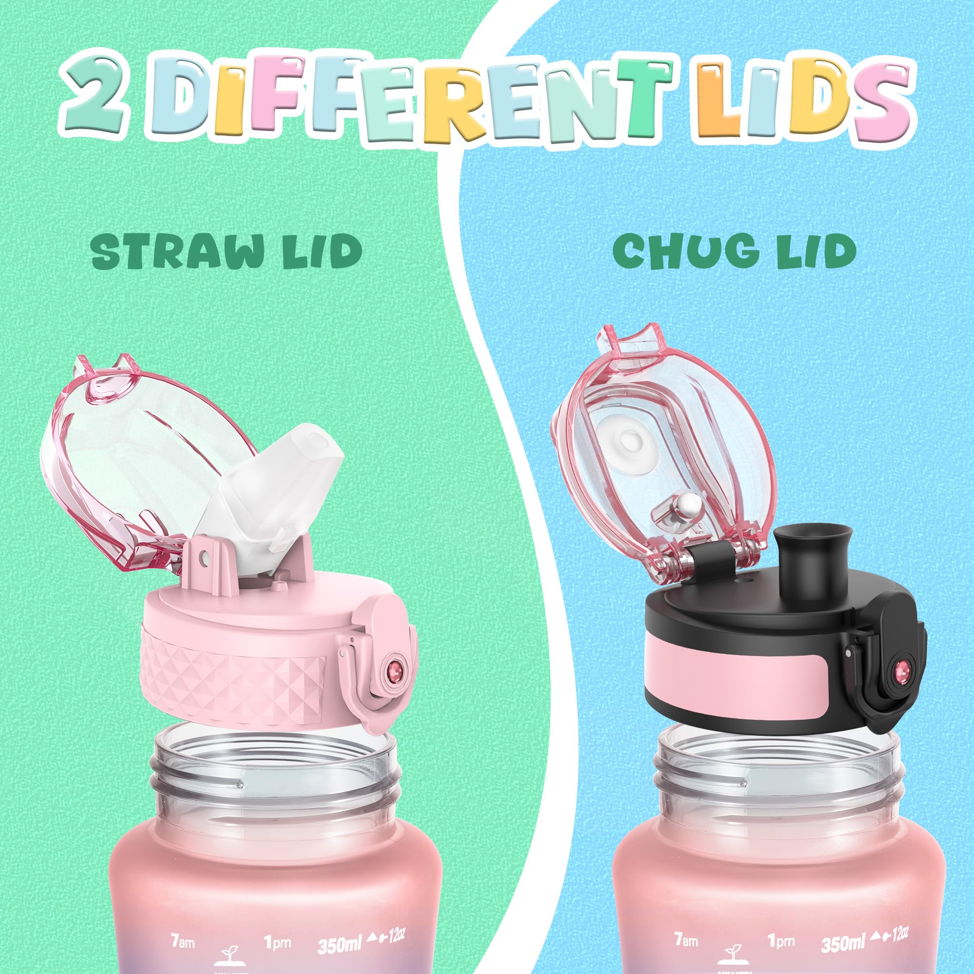 OLDLEY Kids Water Bottle for School  12 oz (2 lids) BPA-Free Reusable Leak-proof Durable Tritan Plastic Bottles with Straw & Chug Lids  Anti-dust Spout Cover (Pink-Blue)
