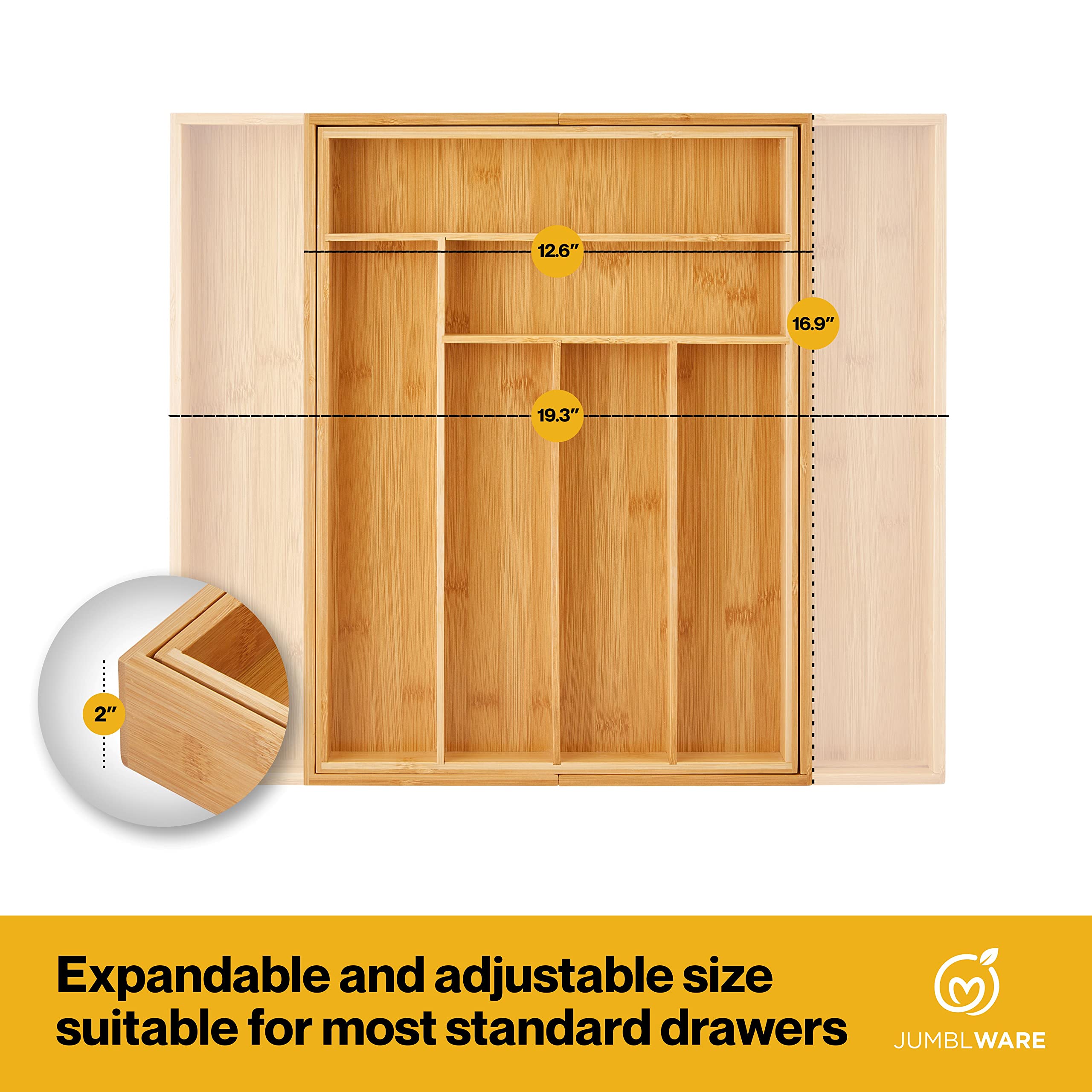 Jumblware Bamboo Expandable Drawer Organizer. Wooden Storage Tray With Dividers For Silverware, Kitchen Utensils, Spices, K Cups