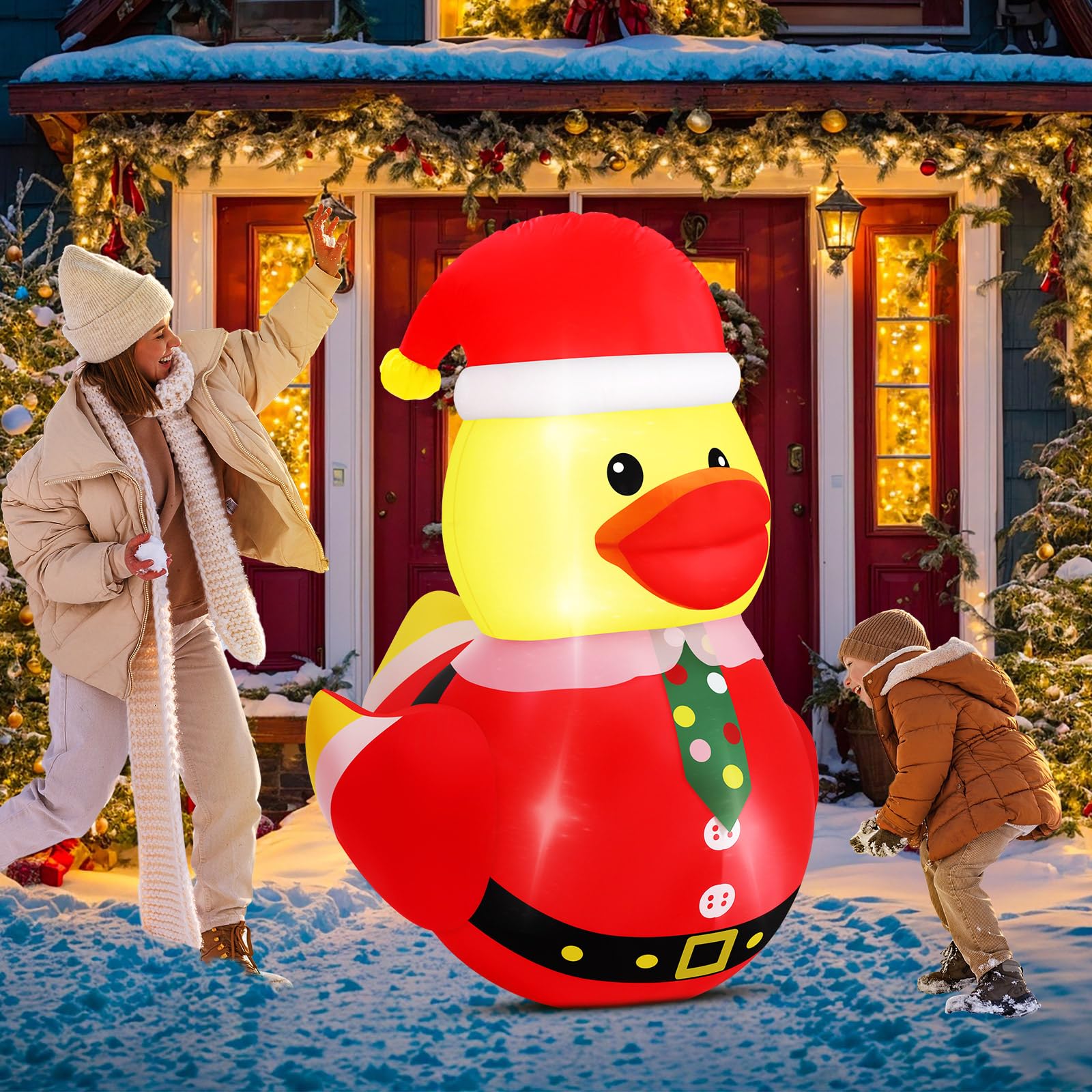 Leyndo 1 Set 5FT Christmas Inflatables Decoration Outdoor Inflatables Duck with Build-in LEDs Lights Giant Blow Up Duck Wear Chr