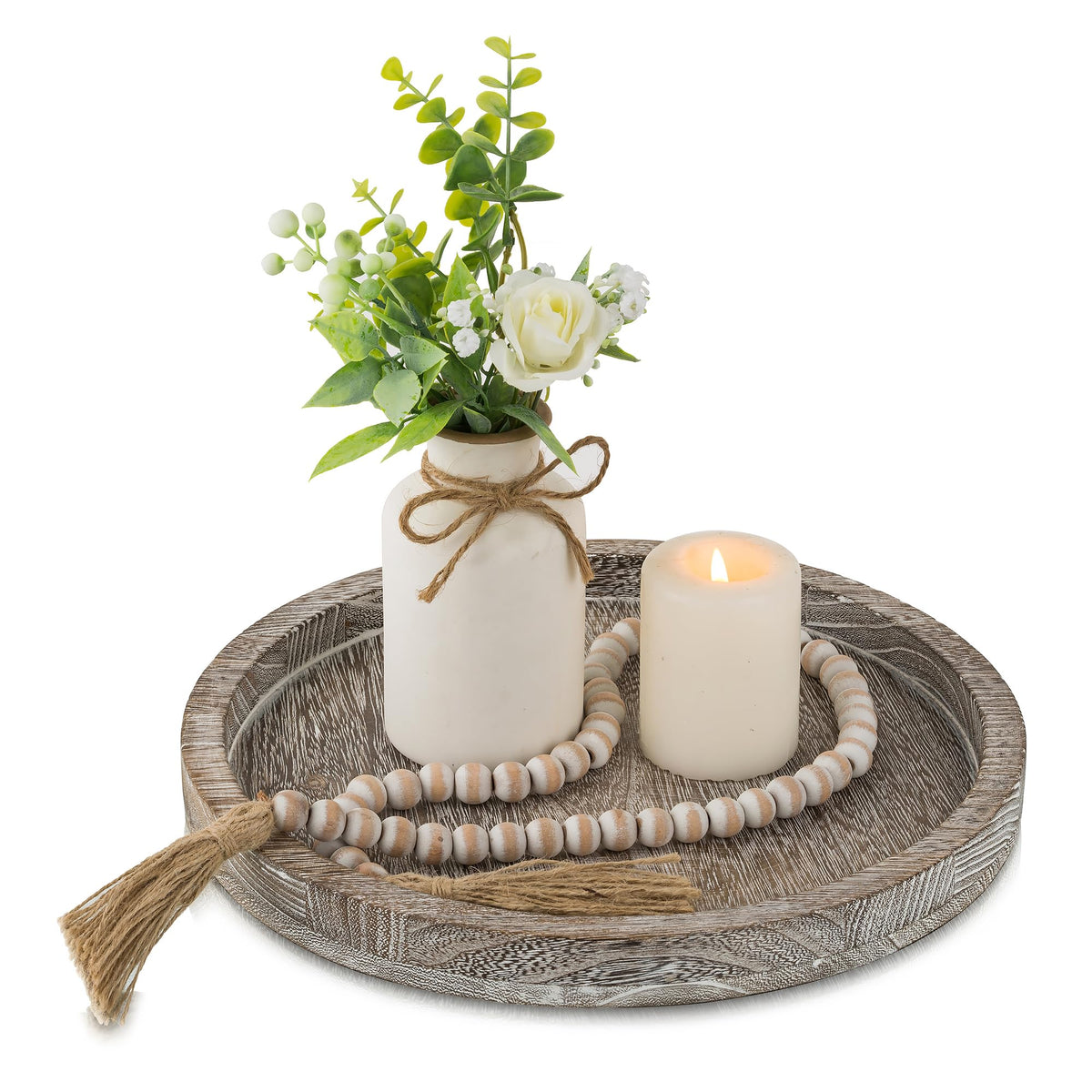 Hanobe Decorative Wooden Serving Tray: Rustic Round Wood Plate Whitewash Farmhouse Centerpiece Decorations Small Candle Holder T