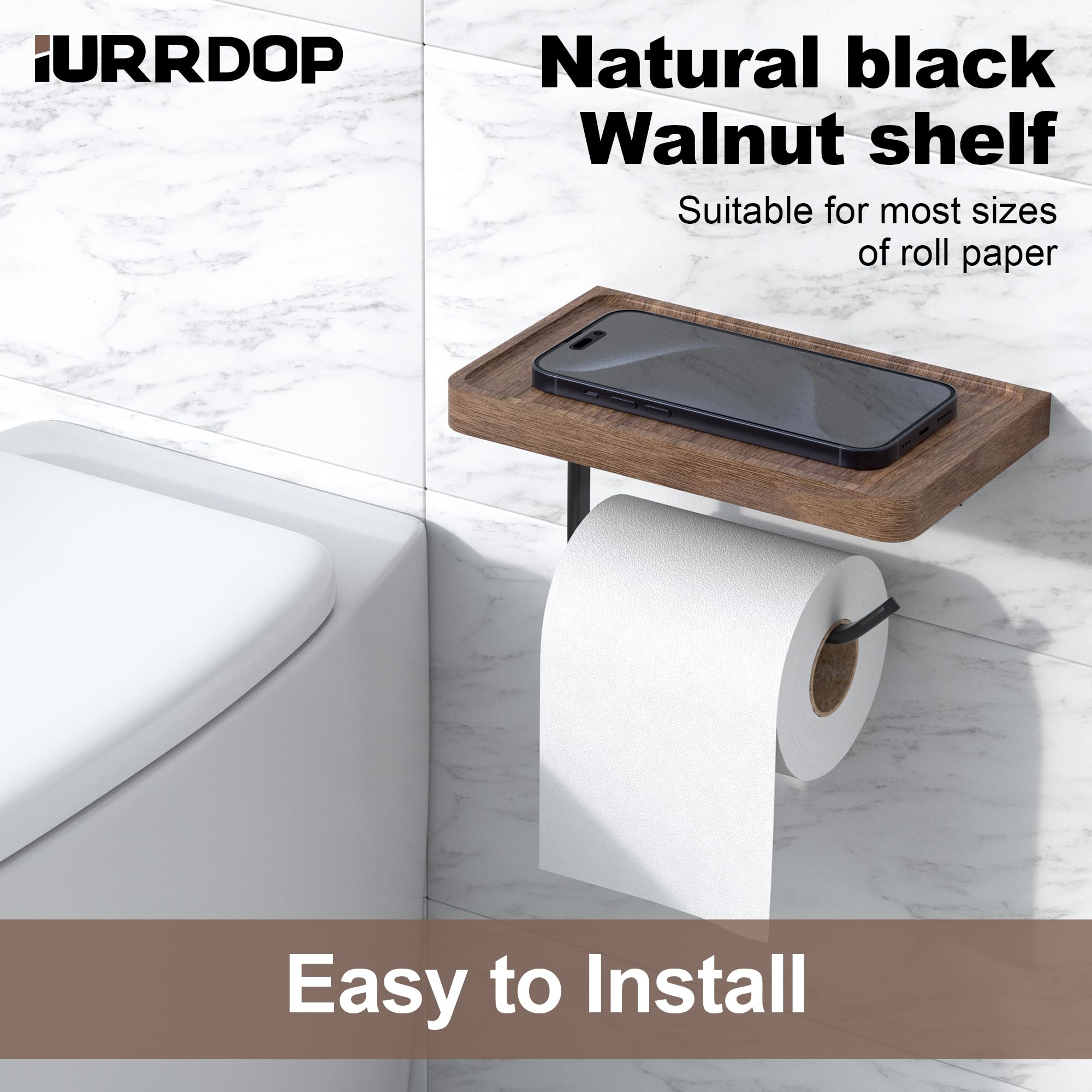 Iurrdop Toilet Paper Holder With Black Walnut Wood Shelf, Wall Mounted & Adhesive Mounted Wooden Shelf For Hanging Roll Tissue,