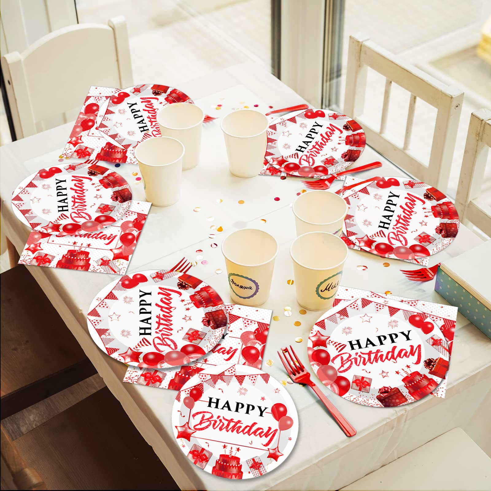 Red Gold and White Birthday Plates Napkins Forks Plates Birthday Party Tableware Set Confetti Sprinkles Happy Birthday Party Decorations Red Birthday Plates Table Decors for Men Women for 24 Guests
