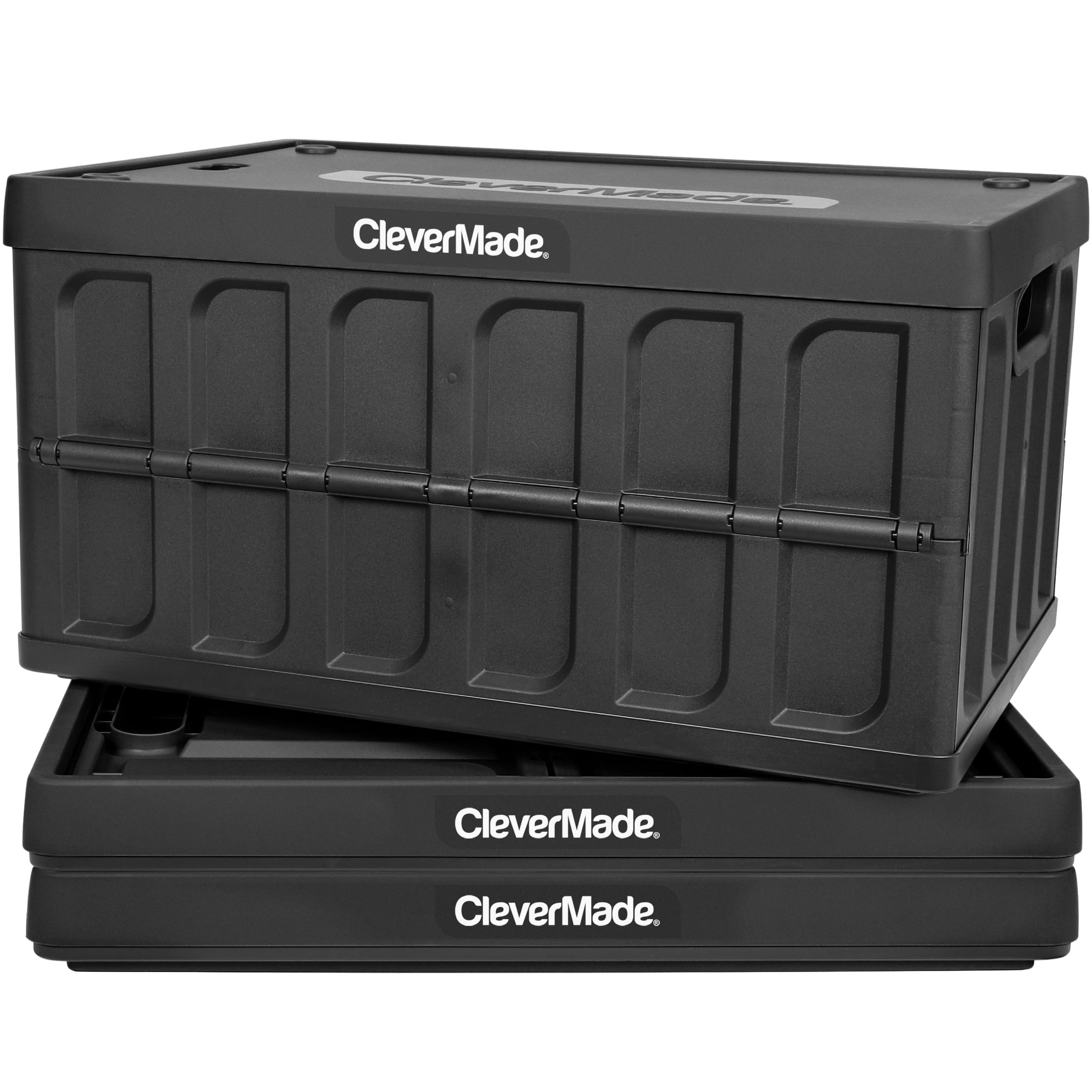 CleverMade Collapsible Storage Bins with Lids- Obsidian 3 Pack 62L - Plastic Containers Stackable Organization Crates Home Close