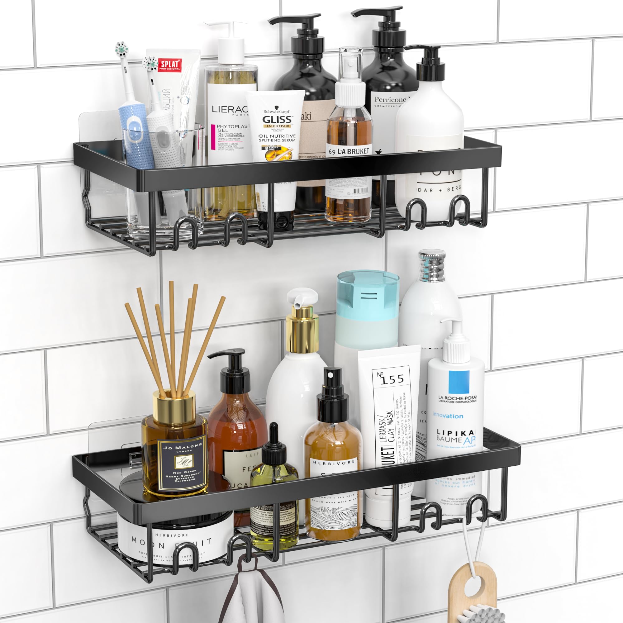 Moforoco Shower Caddy Shelf Organizer Rack, Self Adhesive Black Bathroom Shelves Basket, Home Farmhouse Wall Inside Organization