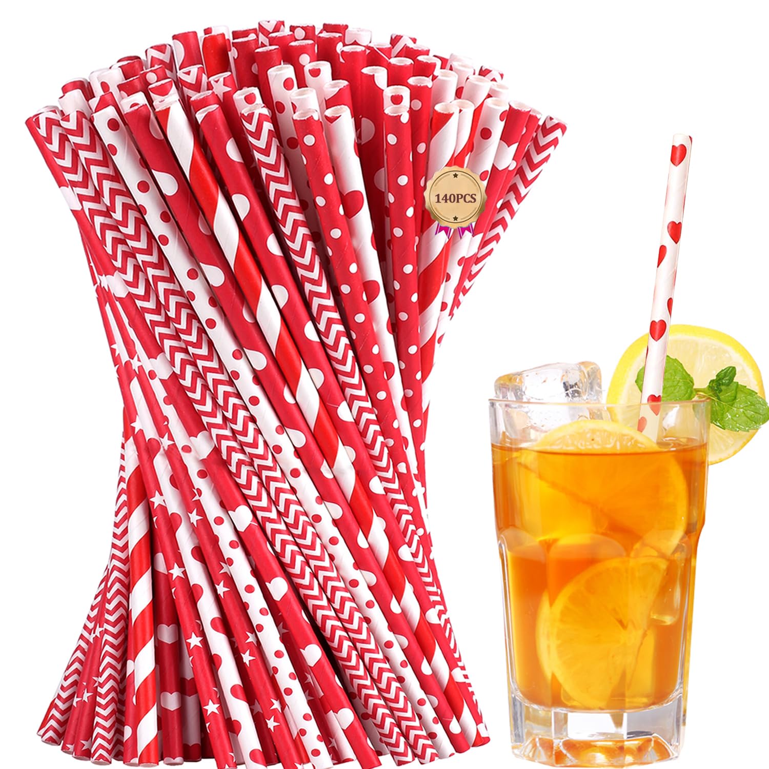 [140 Pack] Paktalk Valentine Straws, 7 Assorted Red And White Straws Red White Striped Dot Wave Star Paper Straws Disposable For