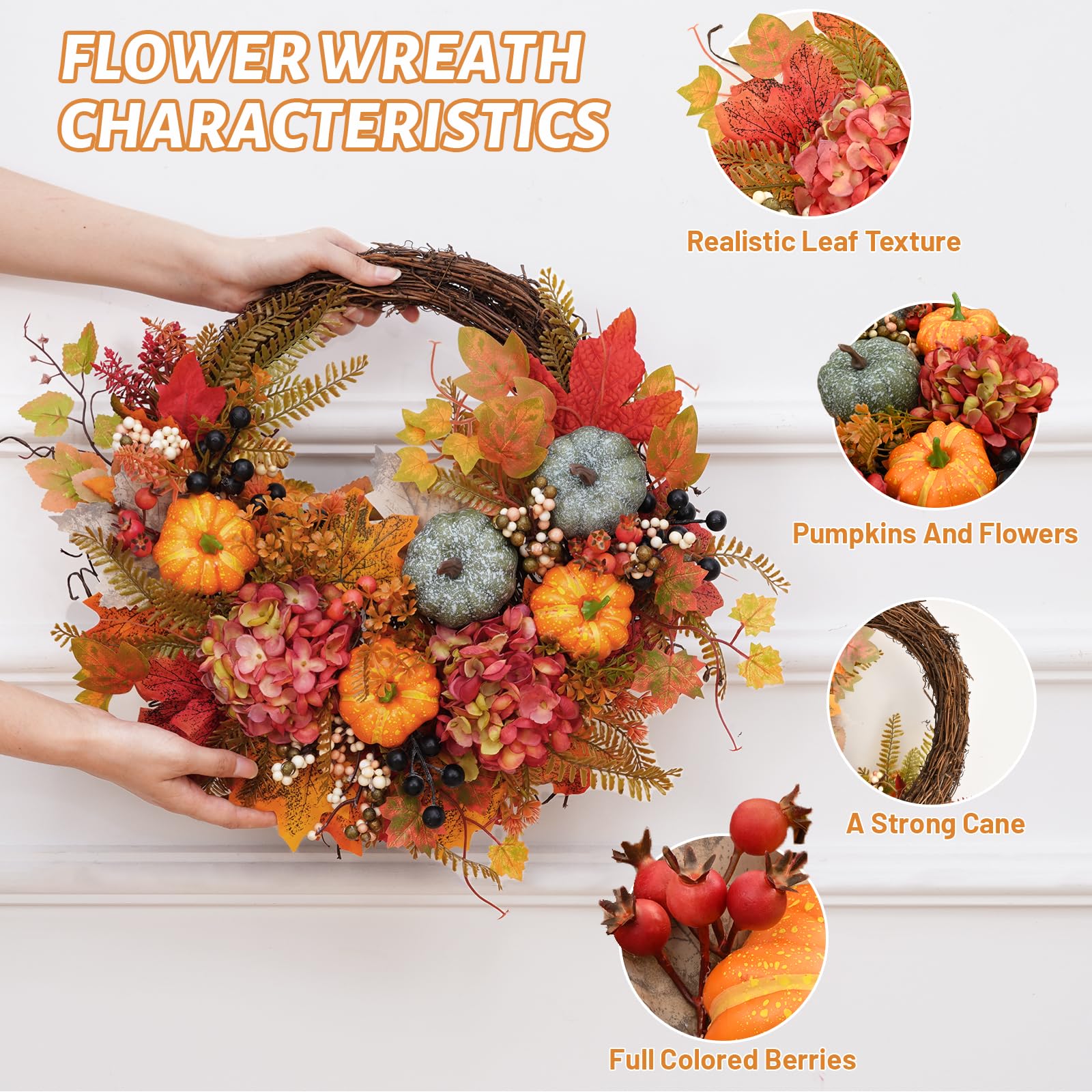 20 Inch Fall Wreaths for Front Door - Half-Circle Autumn Wreath, Porch Wall Window Home Decor - Thanksgiving Farmhouse Style