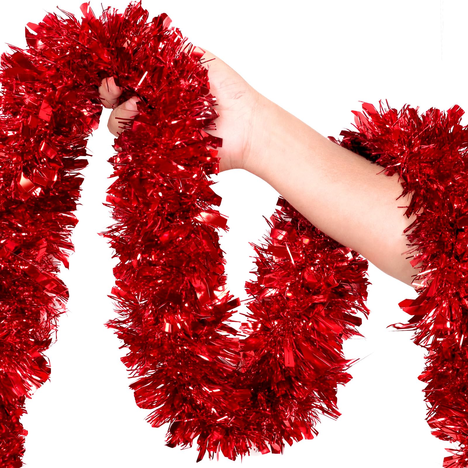 50Ft Red Christmas Garland Decorations,Xams Tinsel Stems Non-Lit Soft Twist Garland Decor for Tree Stairs Railing Front Door Man