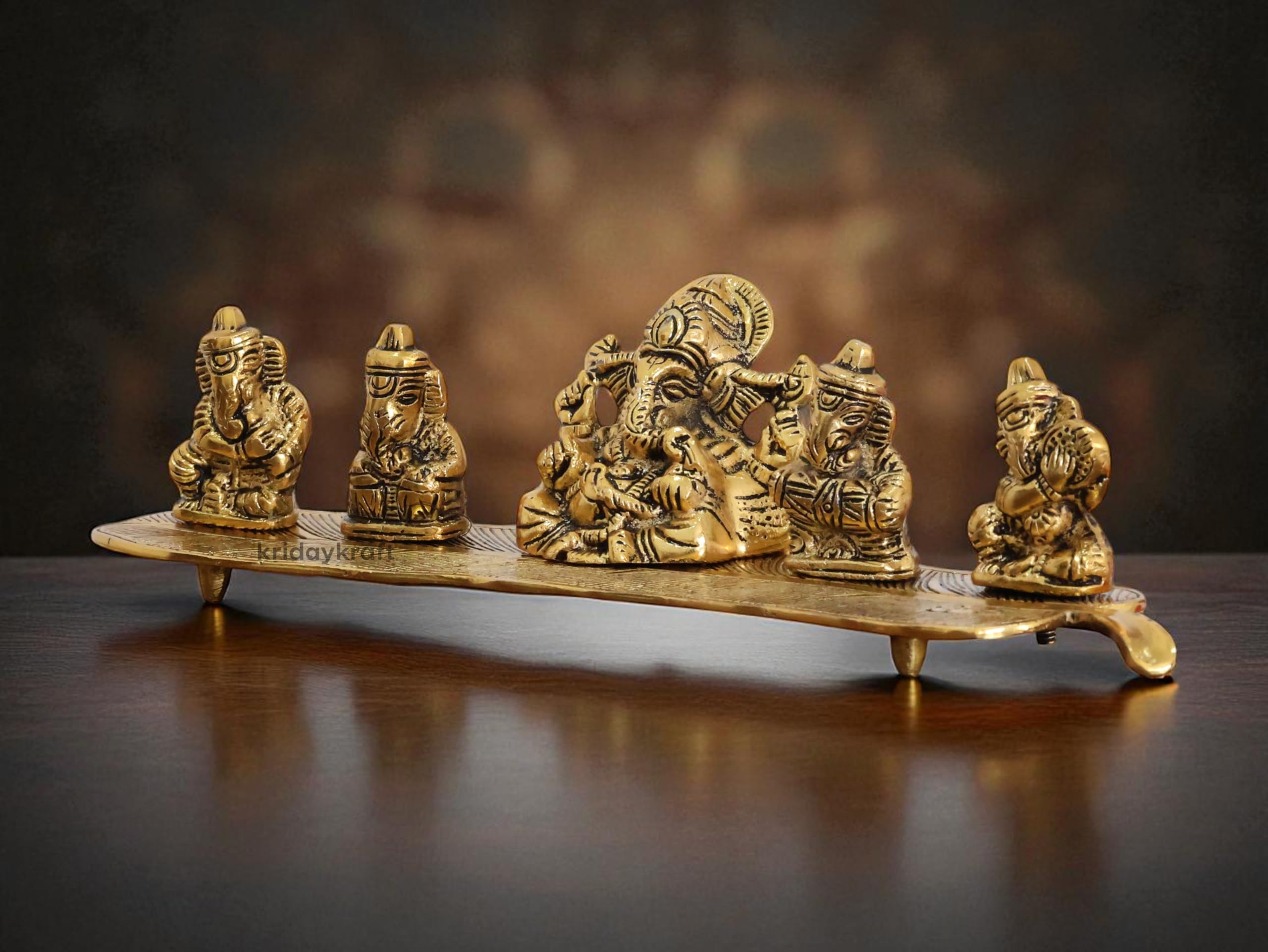 Kridaykraft White Metal Gold Plated Ganesha On Leaf With Musical Instrument Metal Statue For Pooja,Home & Office Dcor Ganesha Mu
