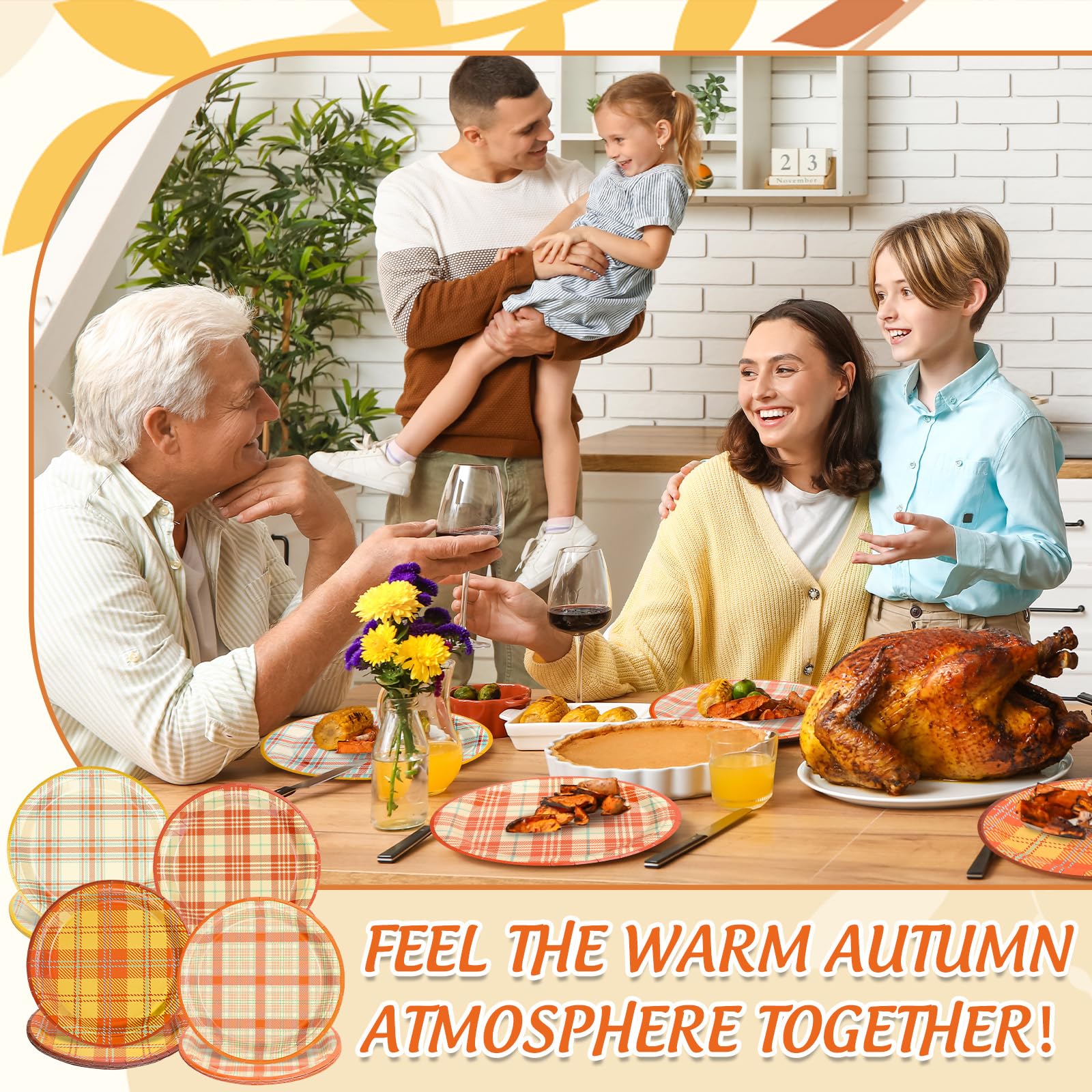 Whaline Fall Plaid Paper Plates Orange Yellow Autumn Gingham Disposable Plates 9 Inch Thanksgiving Party Tableware for Wedding B