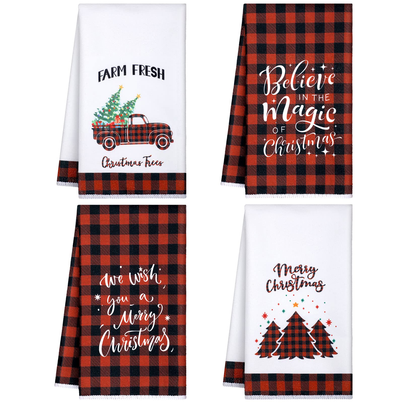 Patelai 4 Pack Christmas Kitchen Towels Buffalo Plaid Tea Dishtowels Farmhouse Winter Bathroom Hand Towels Christmas Decorations