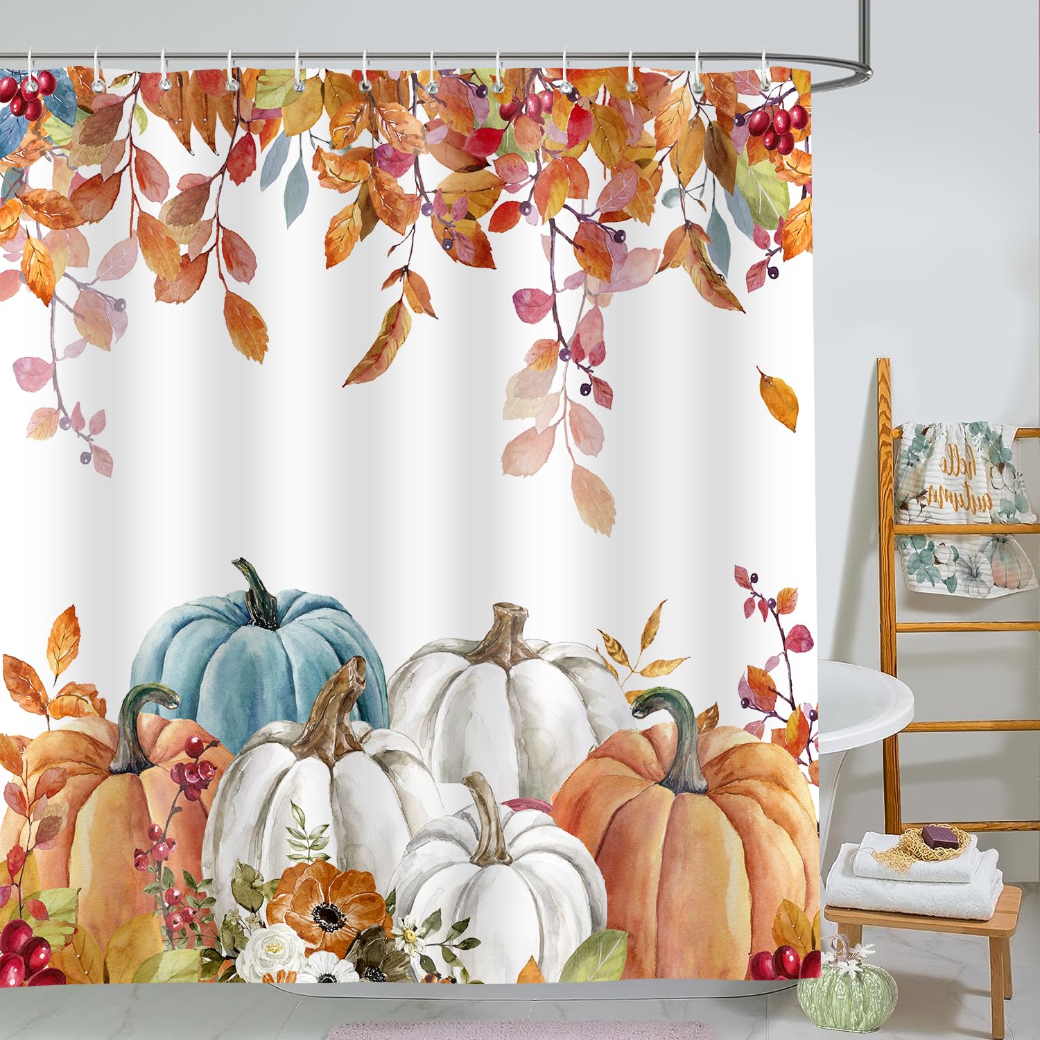 Paopoed Fall Pumpkin Shower Curtain, Thanksgiving Autumn Maple Leaves Watercolor Floral Harvest Boho Bathroom Curtains With Hook