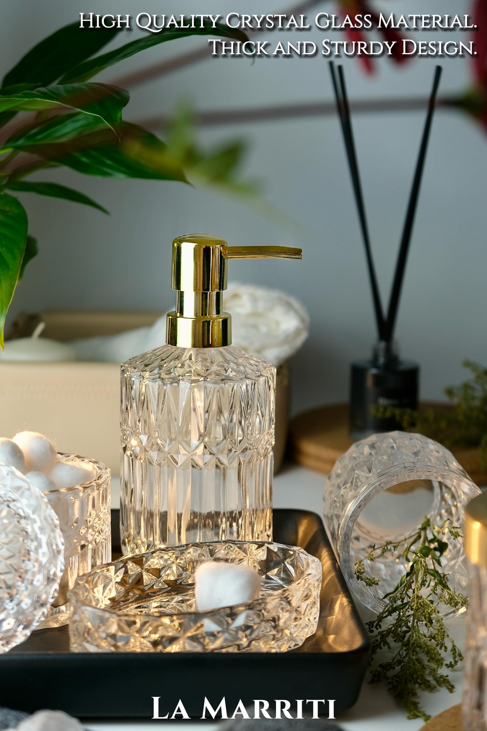 LaMarriti 5Pcs Clear Glass Bathroom Accessories Complete Set  Lotion Dispenser  Soap Dish  Tumbler  Cotton Swab Jars  Toothbrush Holder Set  Christmas Bathroom Decor and Gift Set  Crystal Clear