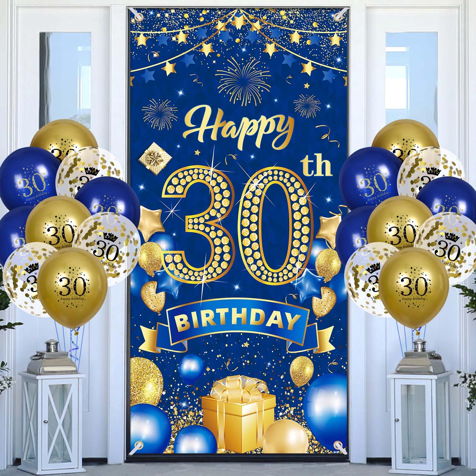 30Th Birthday Party Decorations For Men Navy Blue Gold Happy 30Th Birthday Banner With 18Pcs 30Th Balloons 30Th Door Cover Backd