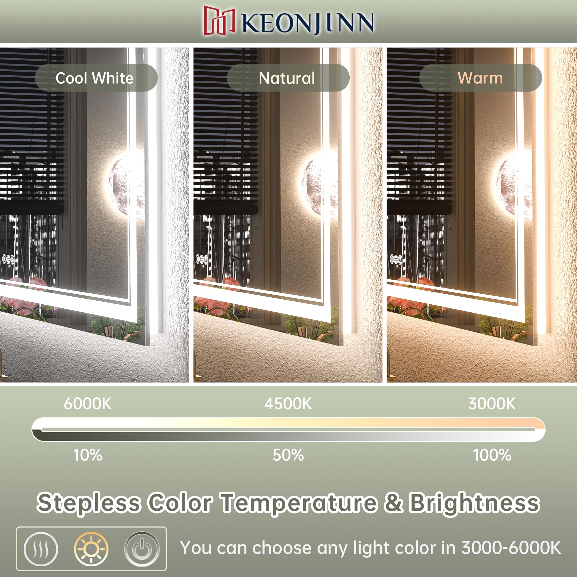 Keonjinn Led Bathroom Mirror 72'' X 36'' With Backlit And Frontlit, Large Stepless 3 Colors Temperature & Dimmable Vanity Mirror