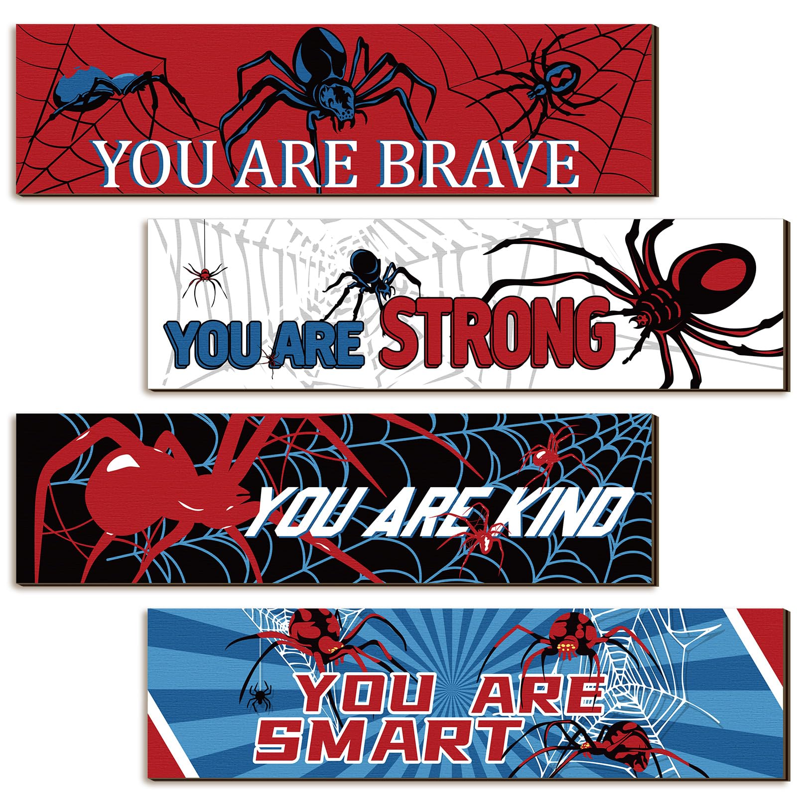 Geetery 4 Pcs Spider Room Wall Decor Boys Bedroom Decor for Kids Inspirational Wooden Hanging Sign Motivational Quote Car Wall S