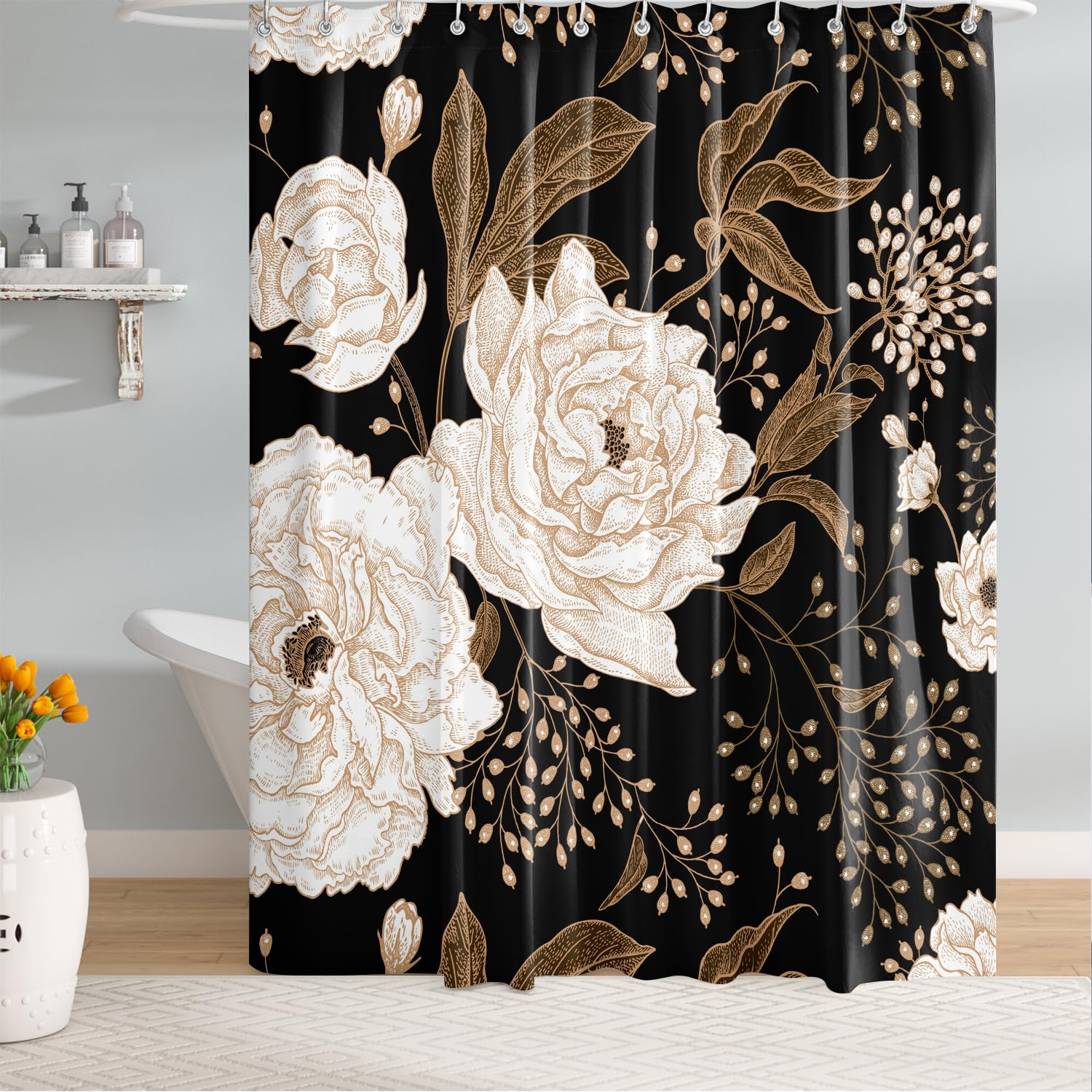 Bivinar Extra Long Black Gold Floral Shower Curtain 72 X 84 Inch, Black Flowers Bathroom Shower Curtain, Fabric Waterproof Showe