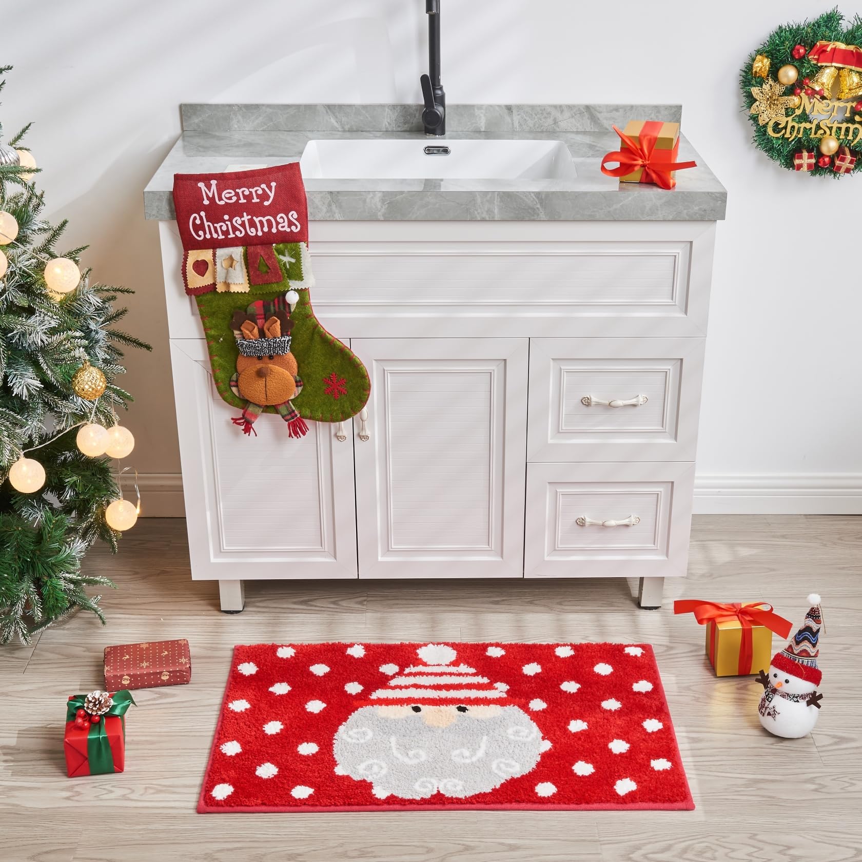 Douceur Christmas Santa Bathroom Rugs, Cute Red Bath Mat, Christmas Bathroom D Cor Non Slip Bath Rugs, Soft And Absorbent Washab