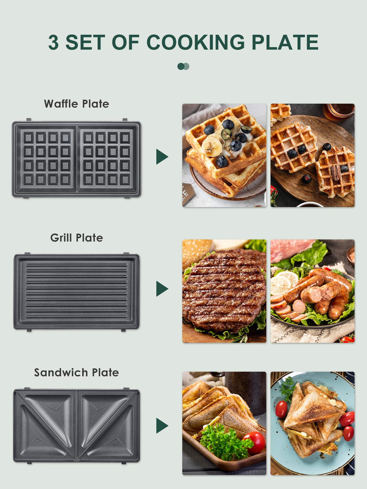 Reemix 3-in-1 Waffle  Grill & Sandwich Maker  Panini Press Grill and Waffle Iron Set with Removable Non-Stick Plates  Perfect for Cooking Grilled Cheese  Tuna Melts  Burgers  Steaks and Snacks  Black (3 in1 Sandwich Maker All Stainless Steel)