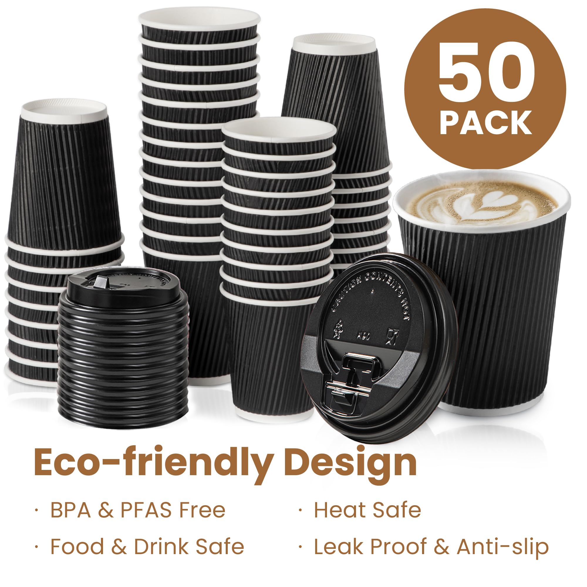 Fit Meal Prep 50 Pack 12 Oz Black Disposable Coffee Cups With Lids & Stirrers, Corrugated Triple Wall To Go Hot Cups, Insulated
