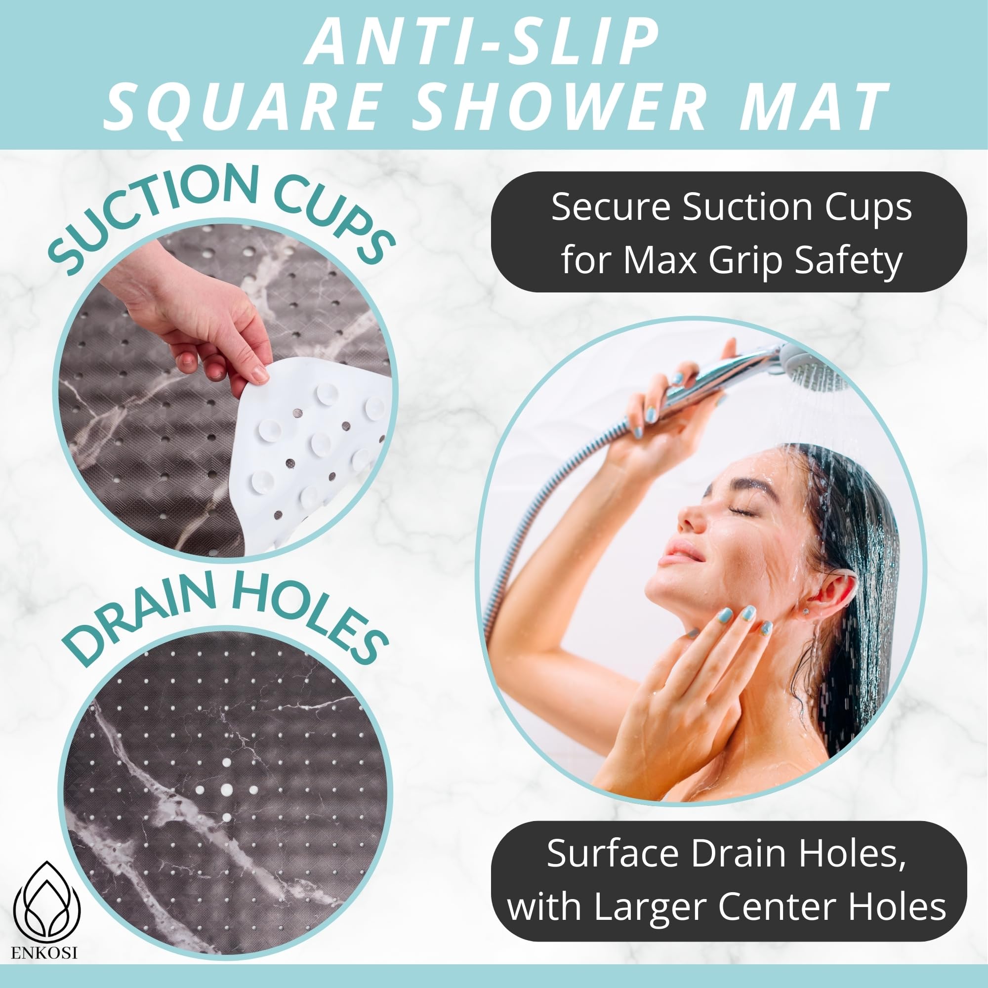 Square Shower Mat With Drain Hole - 21 X 21 Shower Mats For Inside Shower - Shower Mats For Showers Anti Slip For Elderly - Show