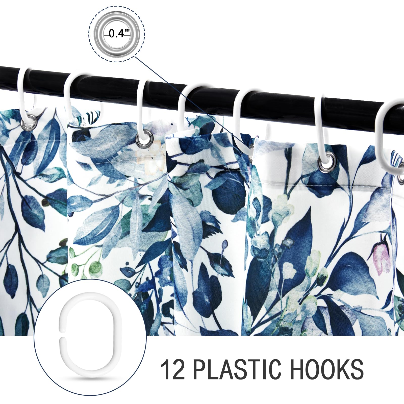 Gibelle Extra Long Shower Curtain 72 x 84  Blue Floral Shower Curtain for Bathroom  Watercolor Plant Eucalyptus Leaves Fabric Shower Curtain Set with Hooks