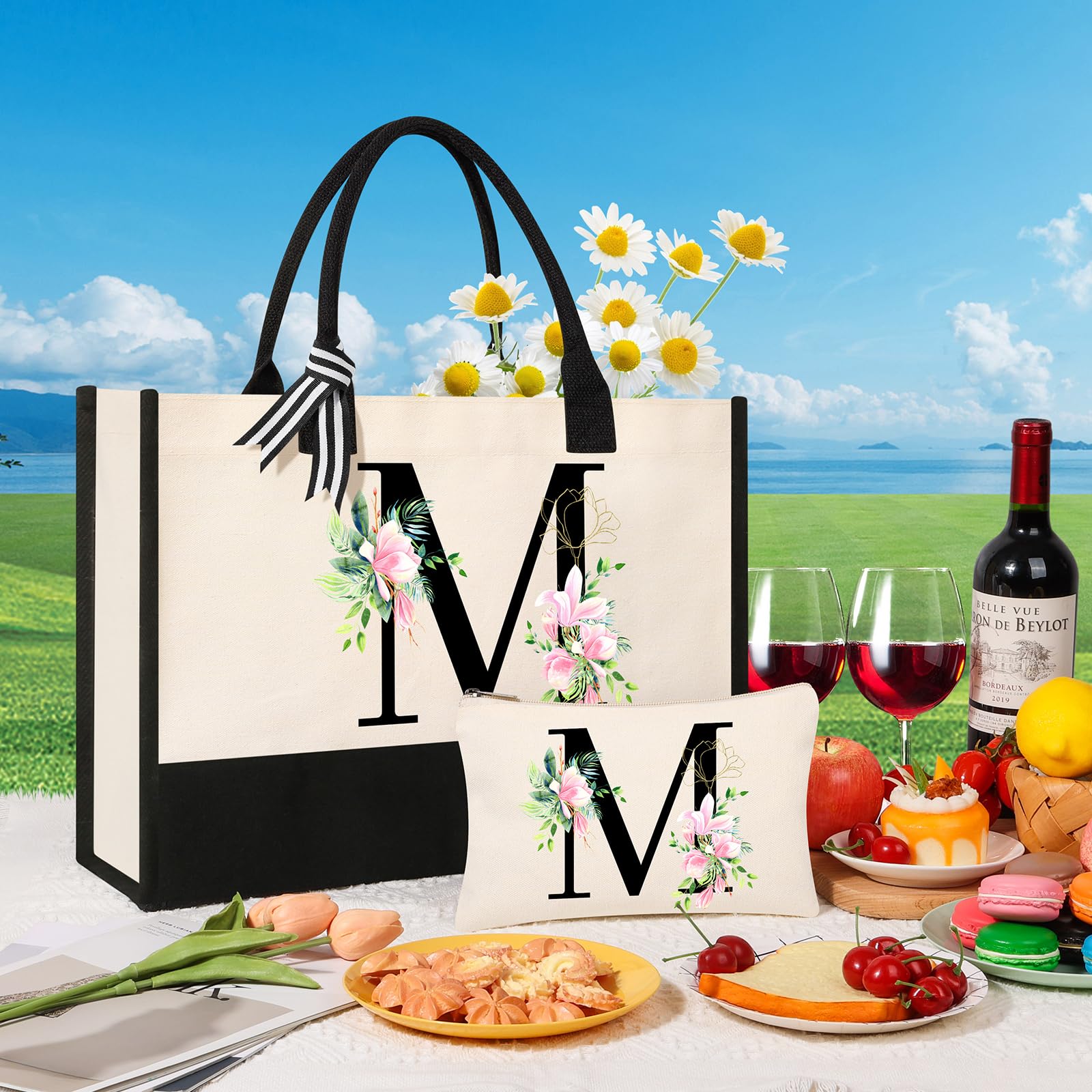 Ayge Personalized Initial Canvas Beach Bag Cosmetic Bags, Monogrammed Gifts For Women, Tote Bag, Makeup Bag, Birthday Gifts For