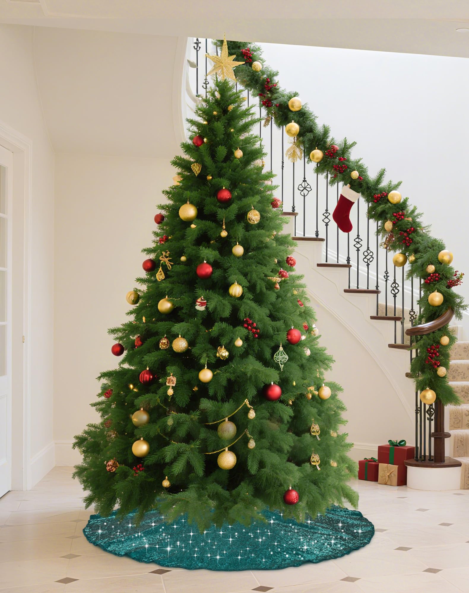 SquarePie Christmas Sequin Tree Skirt Glitter Halloween Decoration 24 Inch Teal Thick Satin Backing