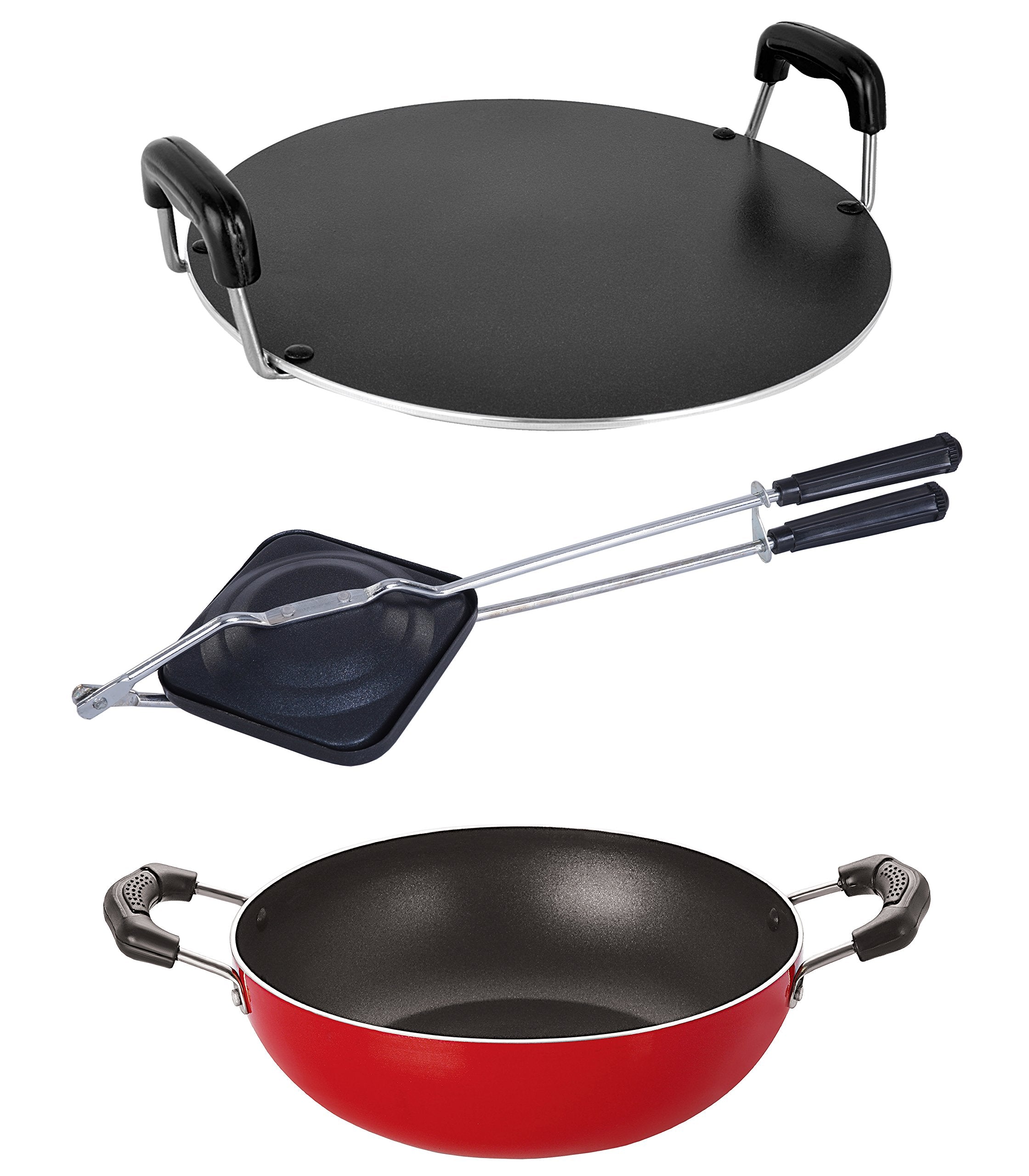 Nirlon Durable 3 Layer NonStick Coating Tawa Kadai And Hand Toaster Combo Item Set, 2.6Mm_Kd10_Rt_Ht