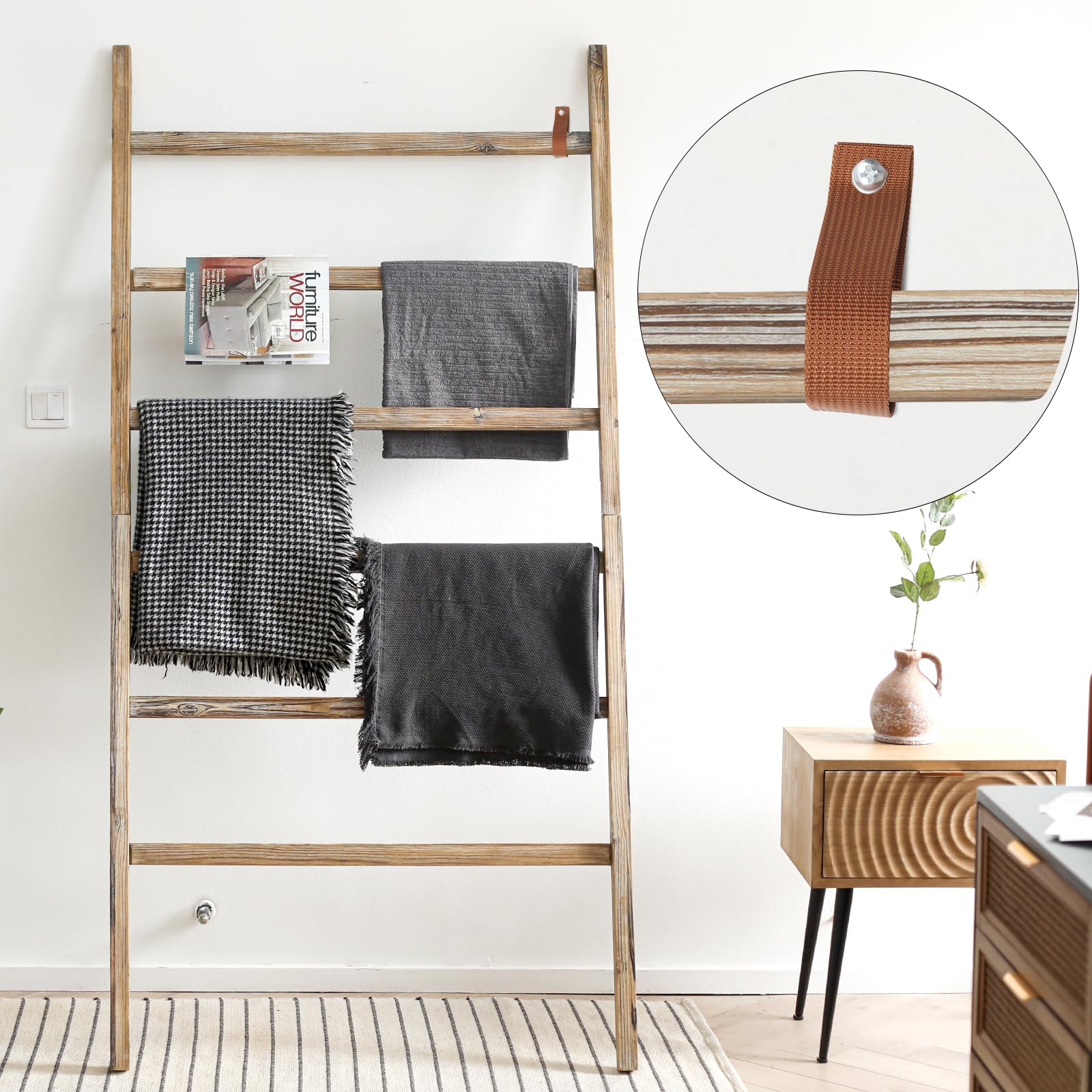 Fuin Extra Wide 6.4Ft Wooden Blanket Ladder Living Room Decorative Wal Leaning Farmhouse Quilt Display Holder Rustic Wood Towel