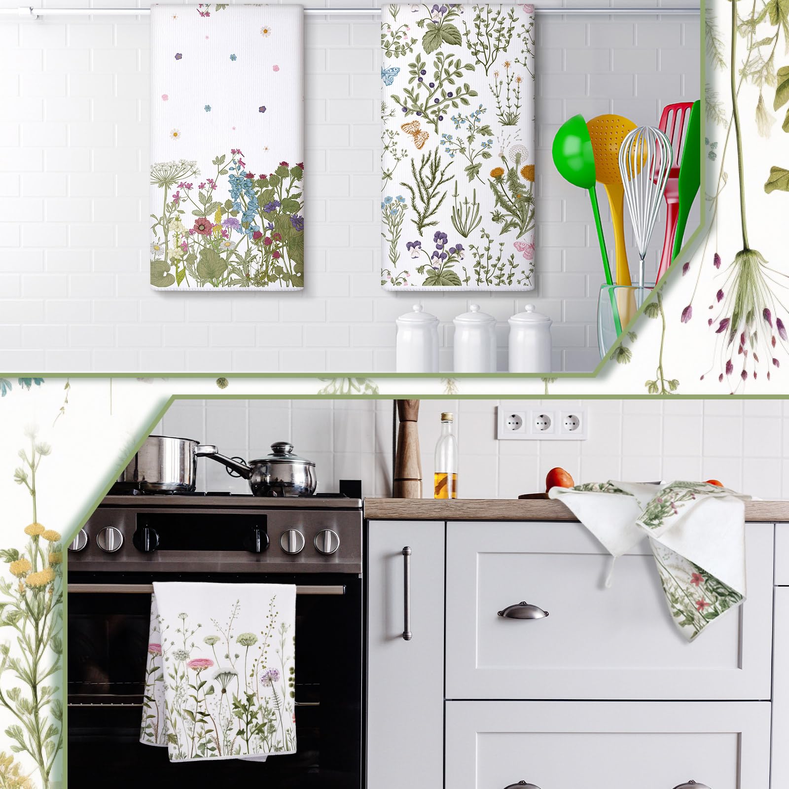 Bencailor 4 Pcs Wild Flower Kitchen Towels Wildflower Floral Hand Dish Towels White Green Leaves Dishcloths Fast Drying Decorati