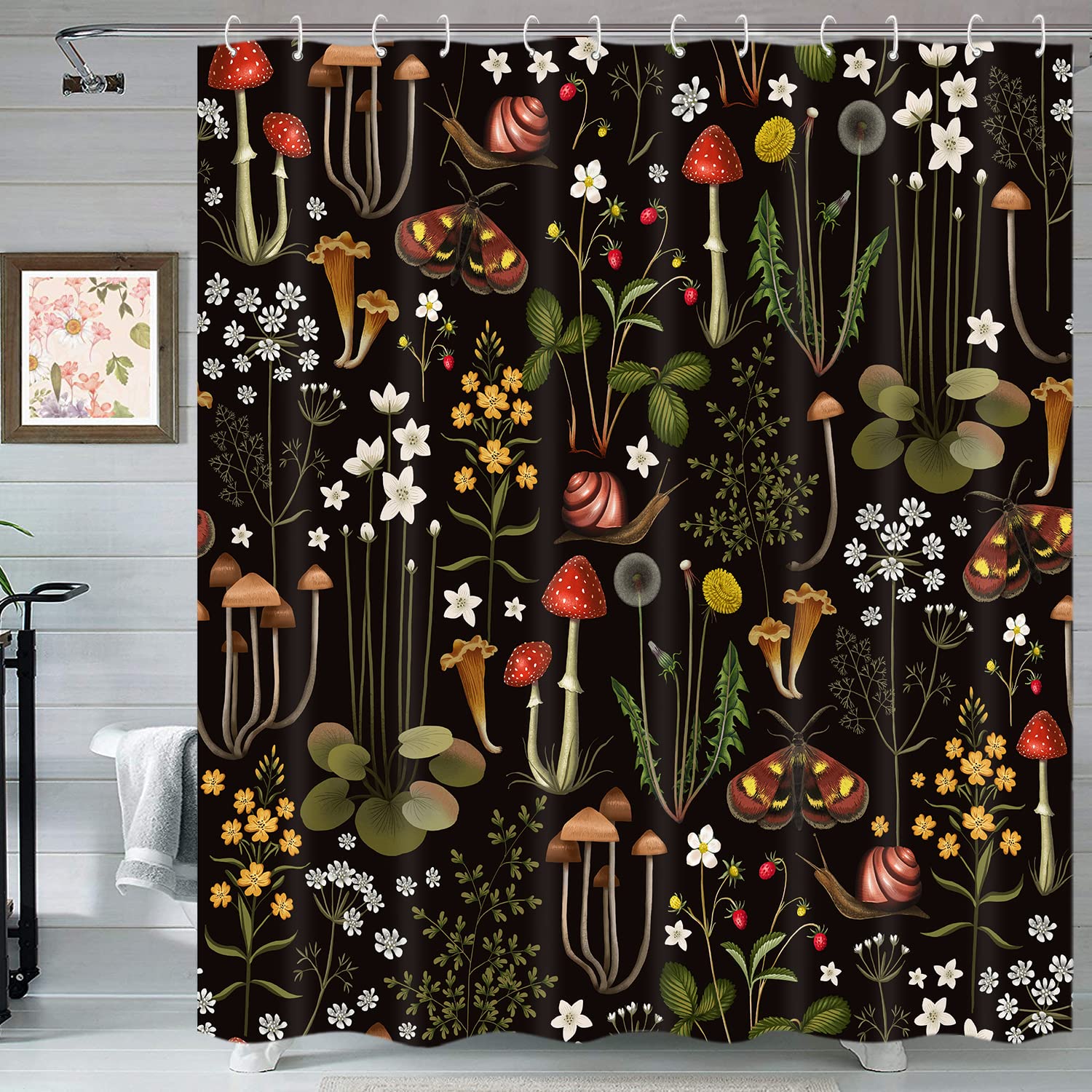 Emwnodti Retro Mushroom Shower Curtain For Bathroom, Fairy Forest Flowers Plants On Black Background Bath Curtains, Vintage Bota