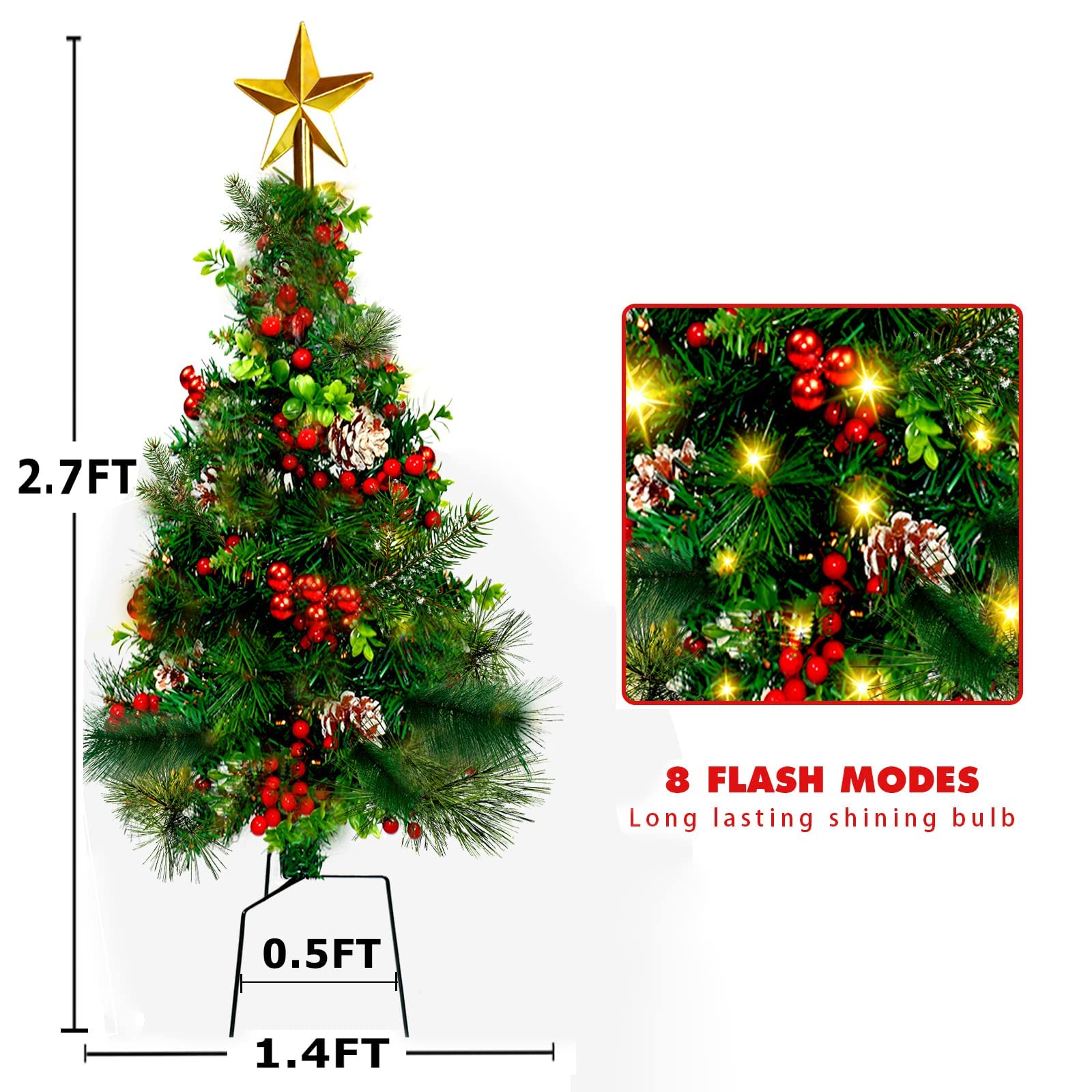 2 Pack 2.7FT Outdoor Christmas Trees,Pre-Lit Christmas Decoration Pathway Artificial Xmas Trees,Battery Operated Urn Filler Entr