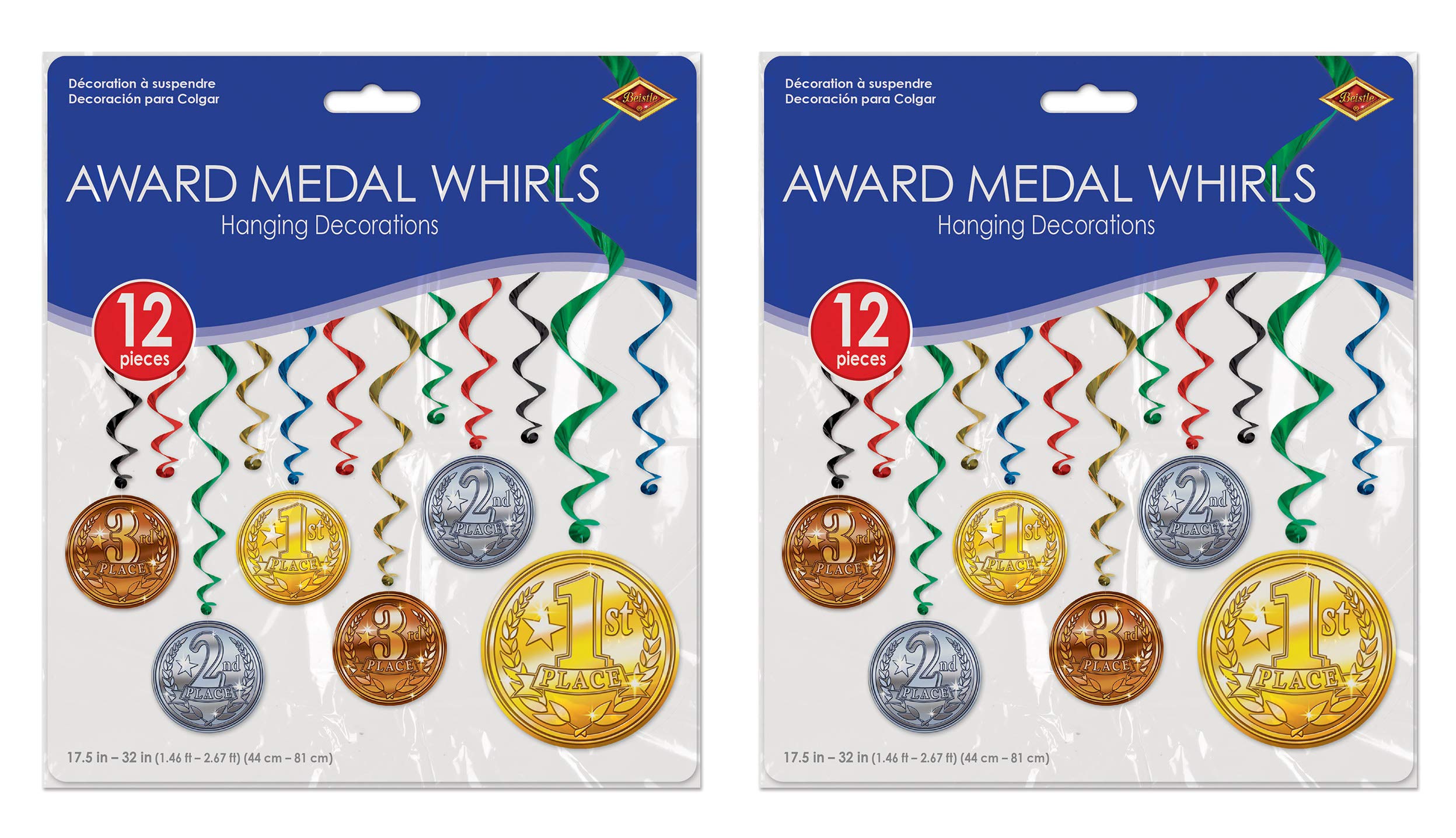 Beistle Award Medal Whirls 24 Piece Sports Party Supplies Hanging Spiral Decorations, 17.5'' - 32'', Multicolored