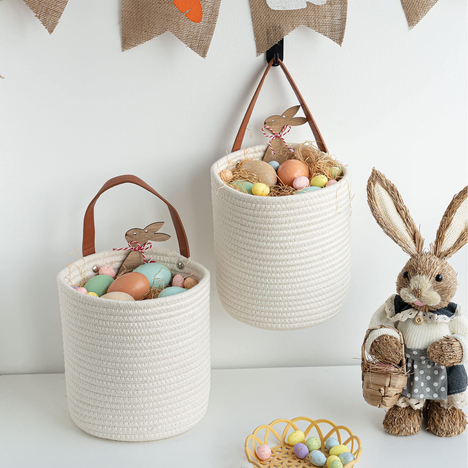 Goodpick 2Pack Rope Hanging Basket - Small Round Hanging Basket Storage For Key, Sunglasses, Wallet On Door - Modern Woven Baske