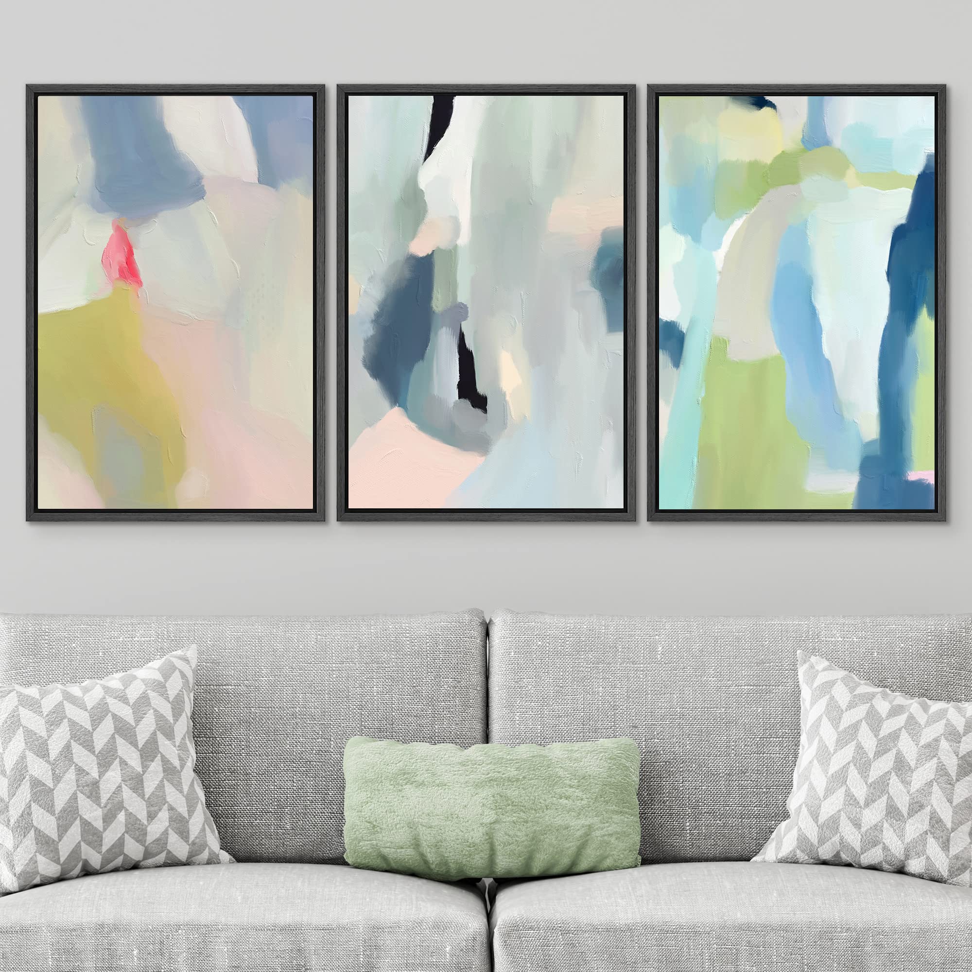 SIGNWIN Framed Canvas Print Wall Art Set Vibrant Pastel Paint Stroke Collage Shapes Abstract Illustrations Modern Art Decorative Nordic Calm/Zen for Living Room  Bedroom  Office - 24''x36''x3 Black
