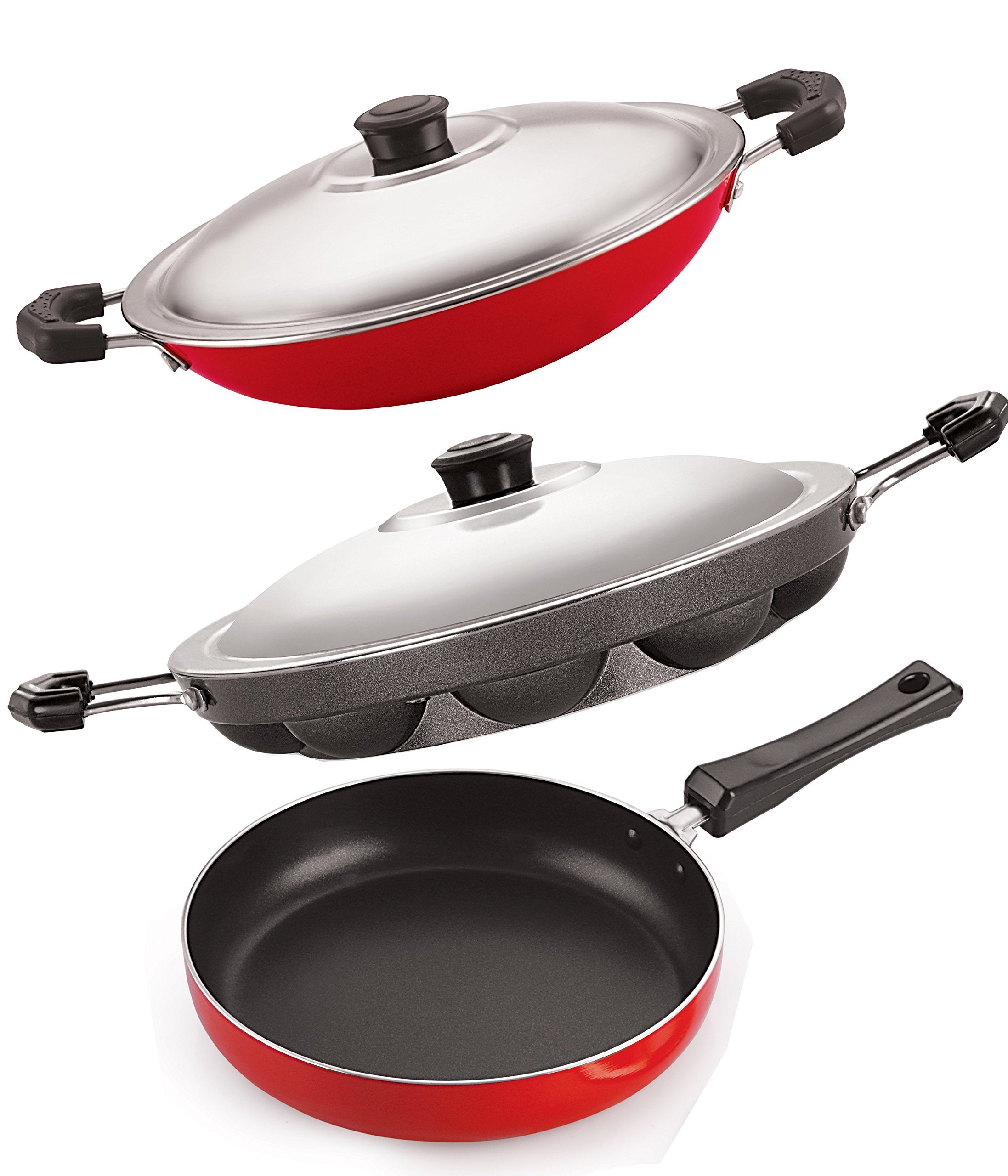 Nirlon 3 Piece Gas Compatible NonStick Aluminium Cookware Utensils Combo Set With Steel Lid, 2.6Mm_Fp11_Ap(12)_Ac
