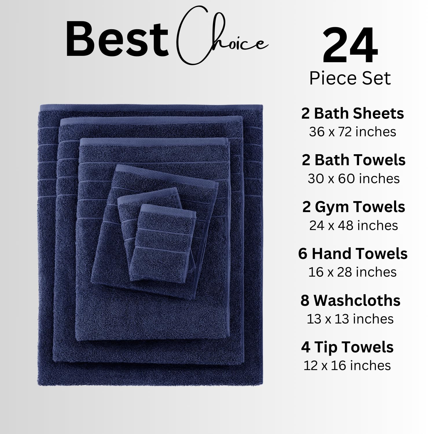 Casa Platino 24 Piece 100% Cotton Towels For Bathrooom, 2 Bath Sheets, 2 Large Bath Towels(30''X 60''), 2 Gym Towels(24''X 48'')