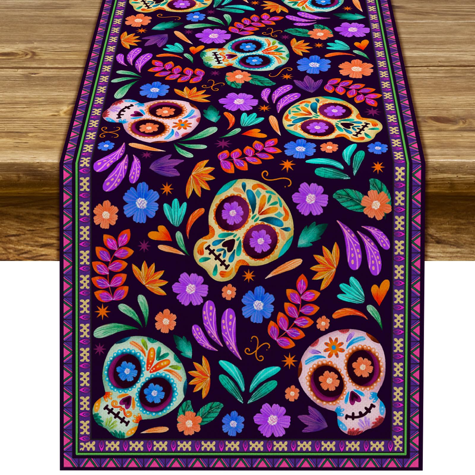 Dia De Los Muertos Table Runner Cinco De Mayo Rustic Linen Mexican Sugar Skull Day Of The Dead Altar Decoration For Home Kitchen