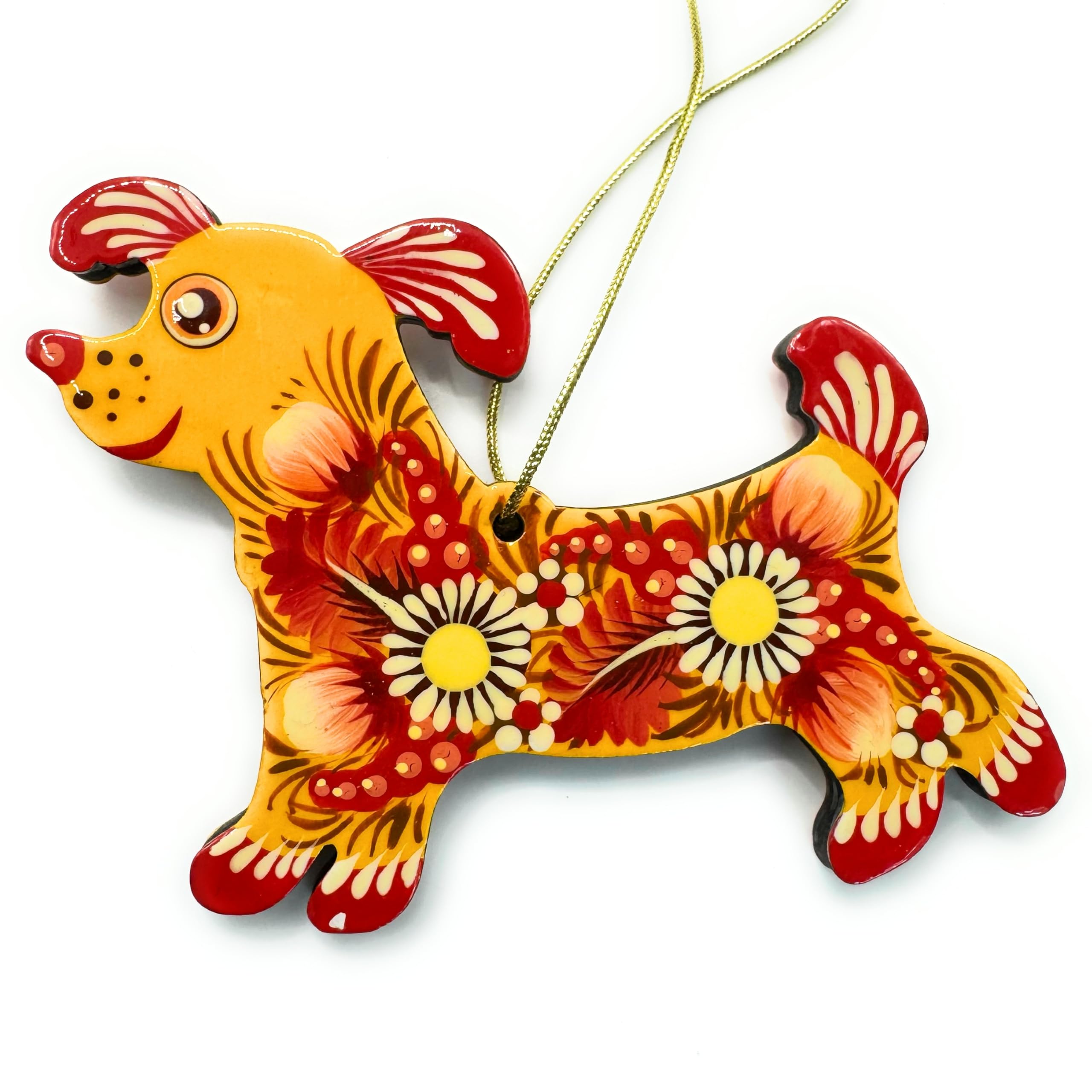 Dog Hanging Ornament For Christmas Tree 3.9 x 3 x 0.2 inches Handcrafted with Floral Patterns of Ukrainian Petrykivka Painting -